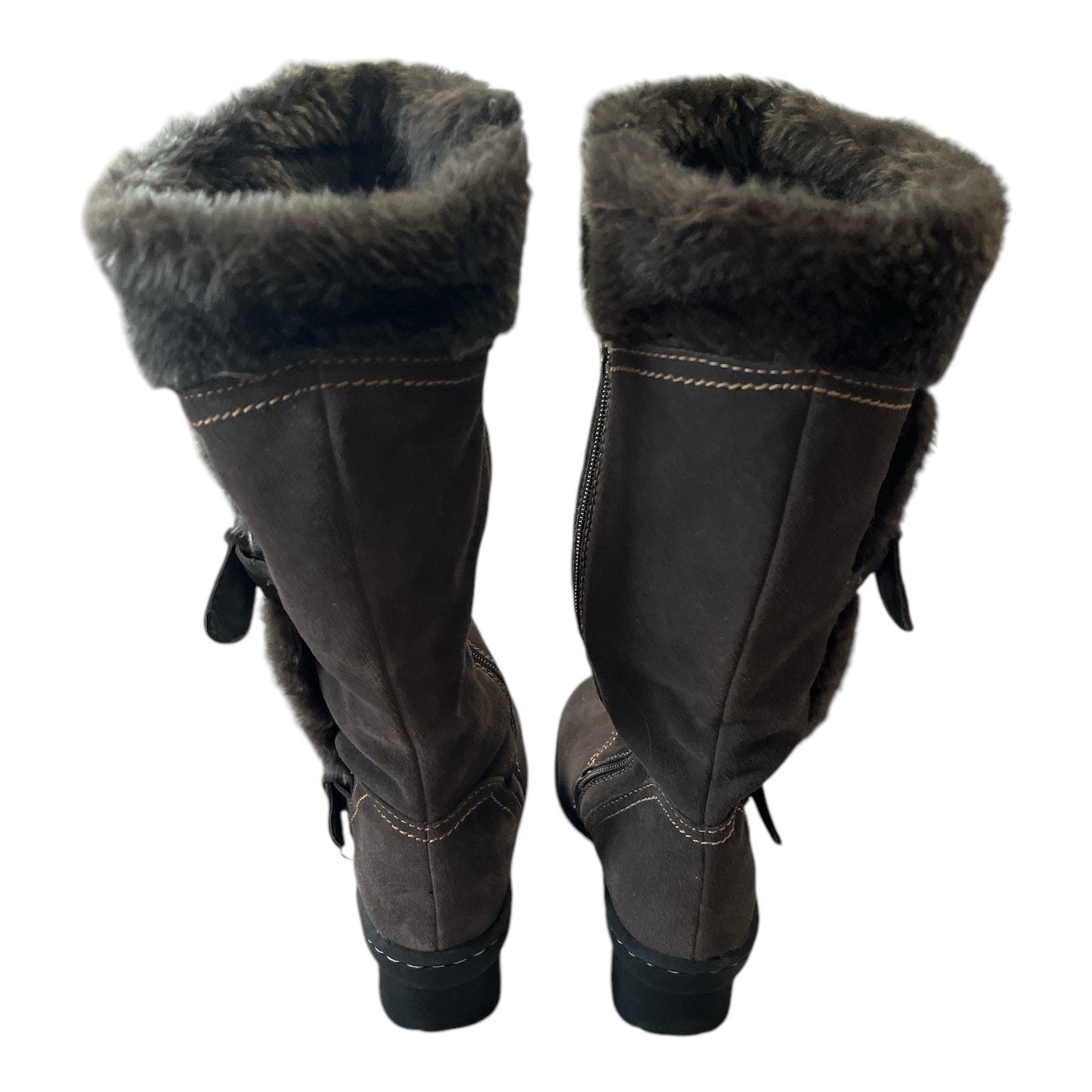 Beartrap Cathy Suede Fur-Lined Mid-Calf Boots Size 7.5 With Buckle Accents & Non-Slip Soles Brown