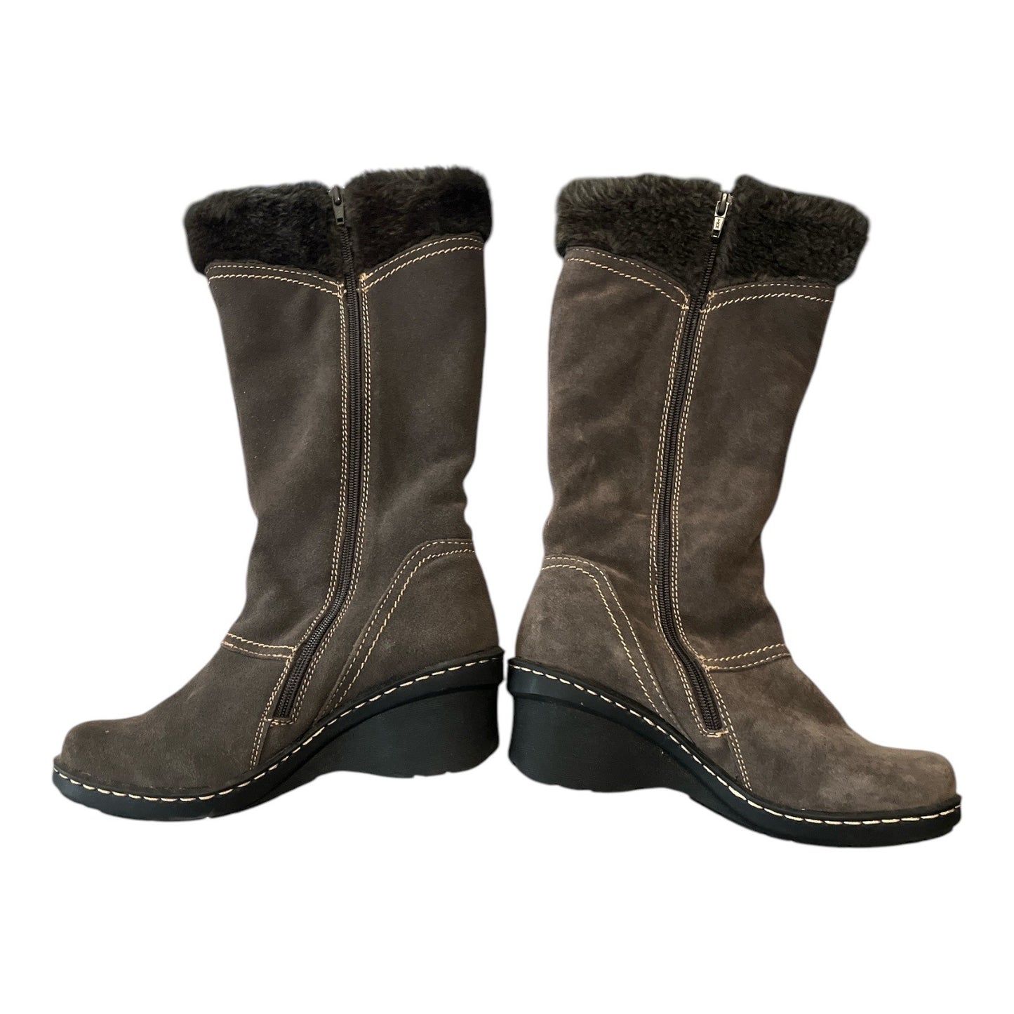 Beartrap Cathy Suede Fur-Lined Mid-Calf Boots Size 7.5 With Buckle Accents & Non-Slip Soles Brown