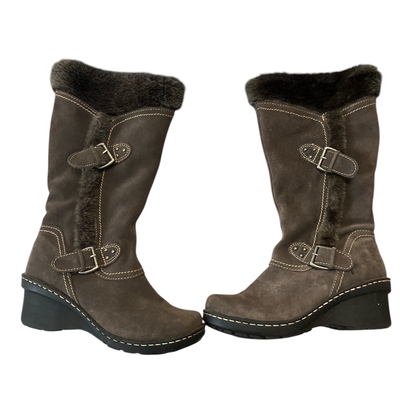 Beartrap Cathy Suede Fur-Lined Mid-Calf Boots Size 7.5 With Buckle Accents & Non-Slip Soles Brown