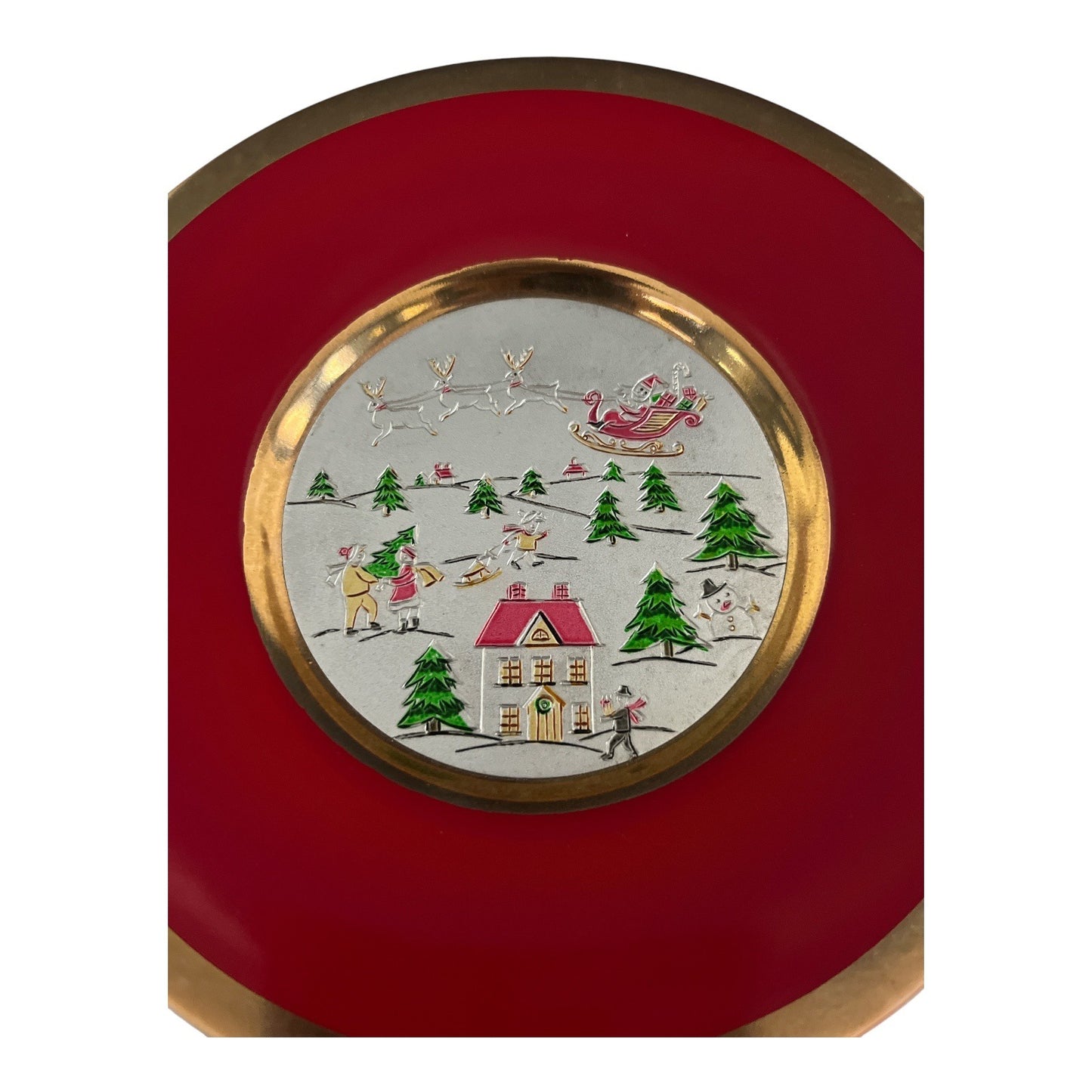 VTG Jamestown China Christmas Chokin Plate – Santa Sleigh & Village Scene