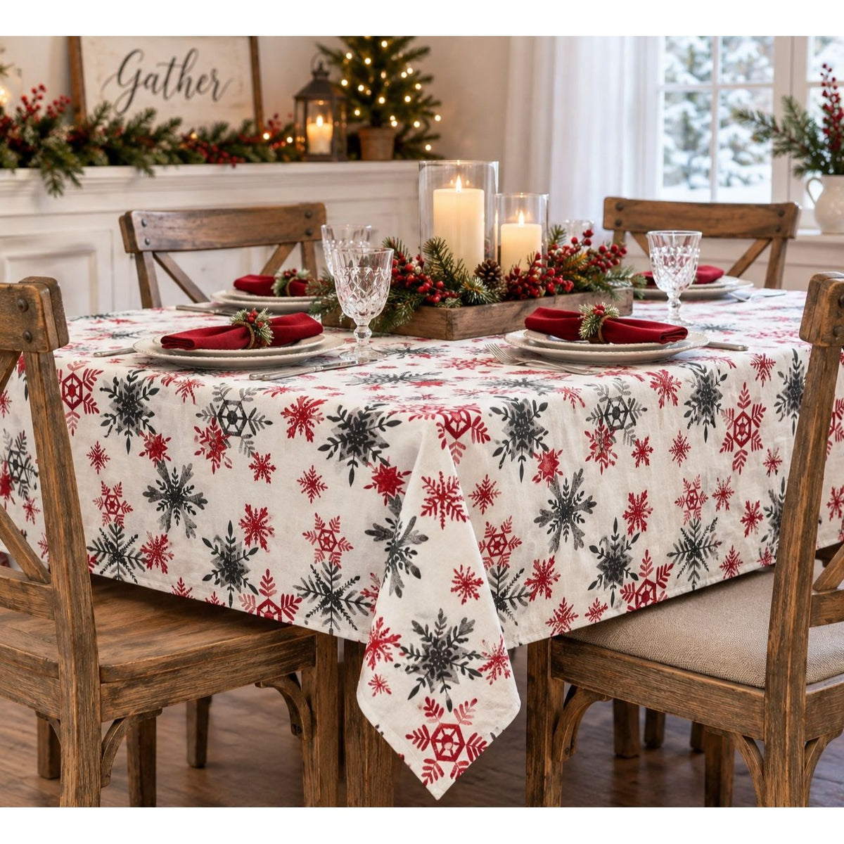 The Farmhouse Rachel Ashwell Christmas Snowflake Tablecloth 60x84 Cotton
