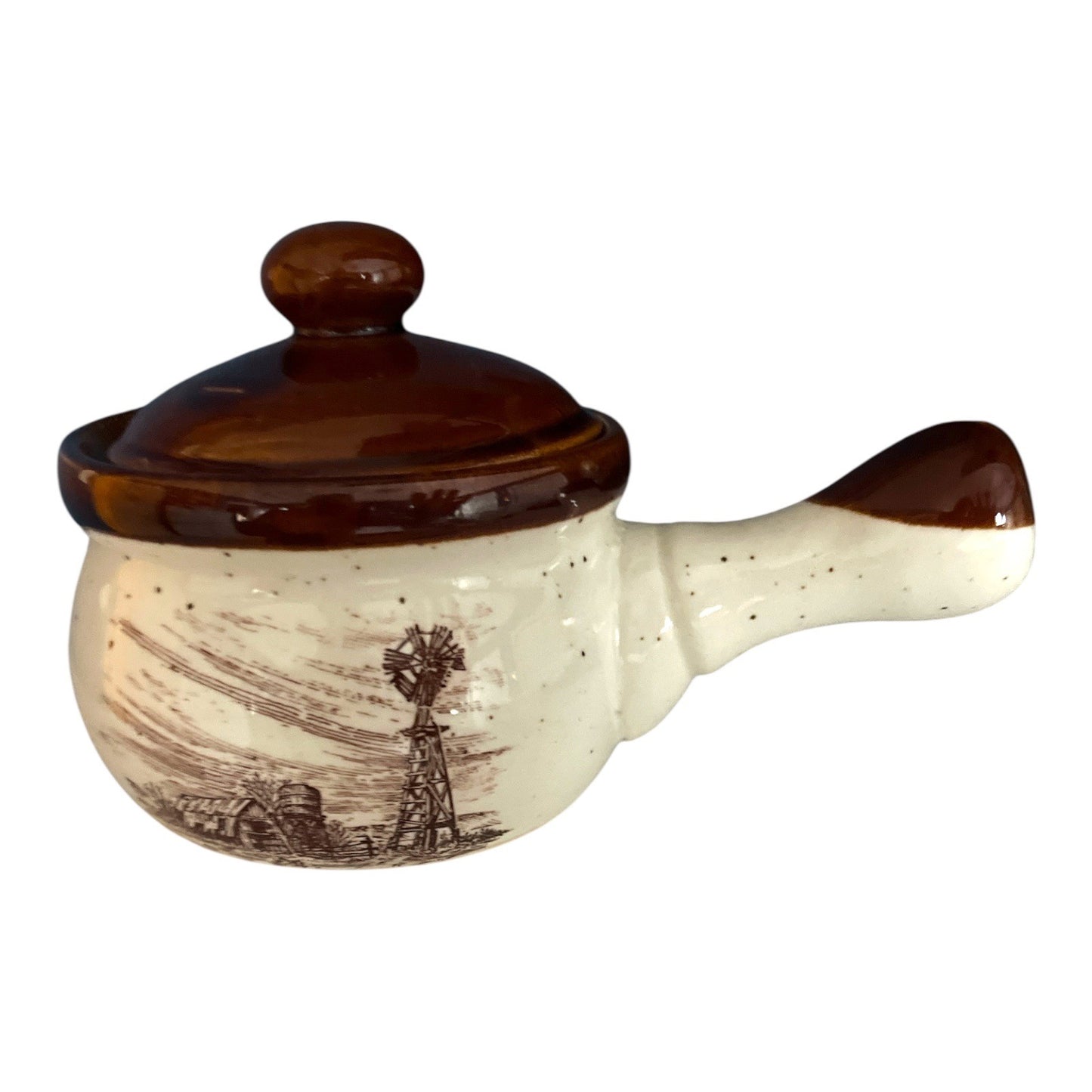 80s Vintage Farmhouse Soup Crock Set – Set of 4 – Brown Rim Stoneware Bowls with Scenic Country Designs