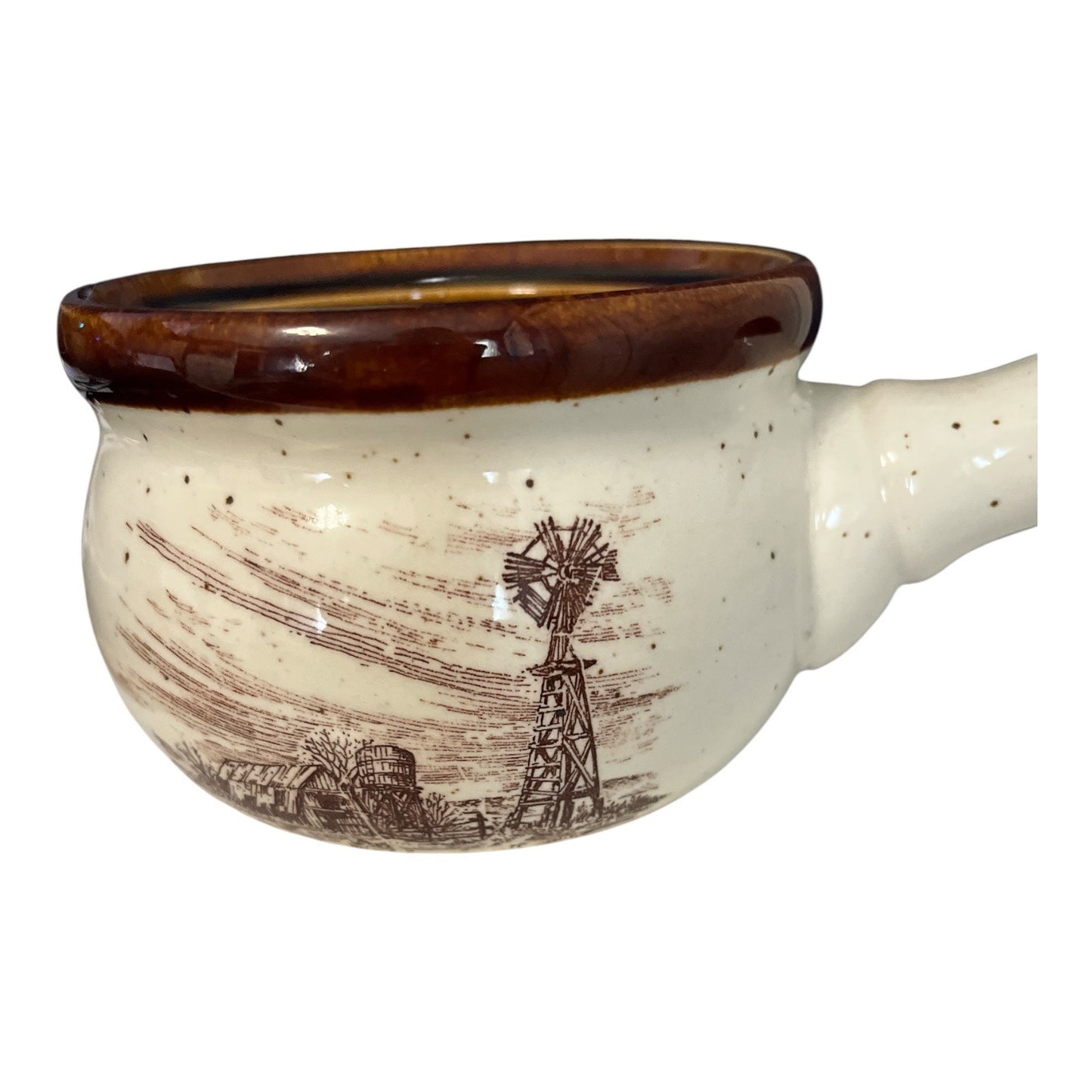 80s Vintage Farmhouse Soup Crock Set – Set of 4 – Brown Rim Stoneware Bowls with Scenic Country Designs