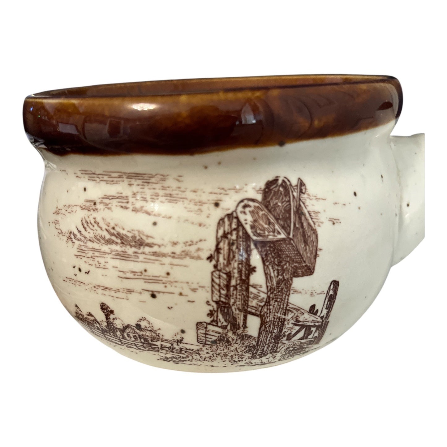80s Vintage Farmhouse Soup Crock Set – Set of 4 – Brown Rim Stoneware Bowls with Scenic Country Designs