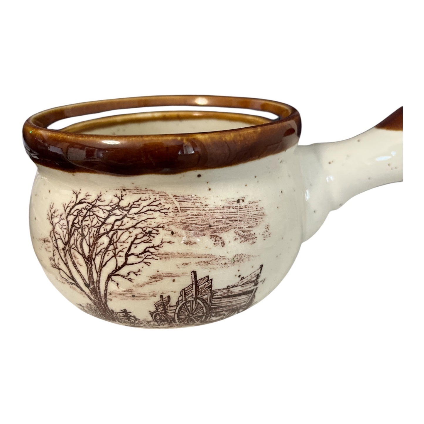 80s Vintage Farmhouse Soup Crock Set – Set of 4 – Brown Rim Stoneware Bowls with Scenic Country Designs