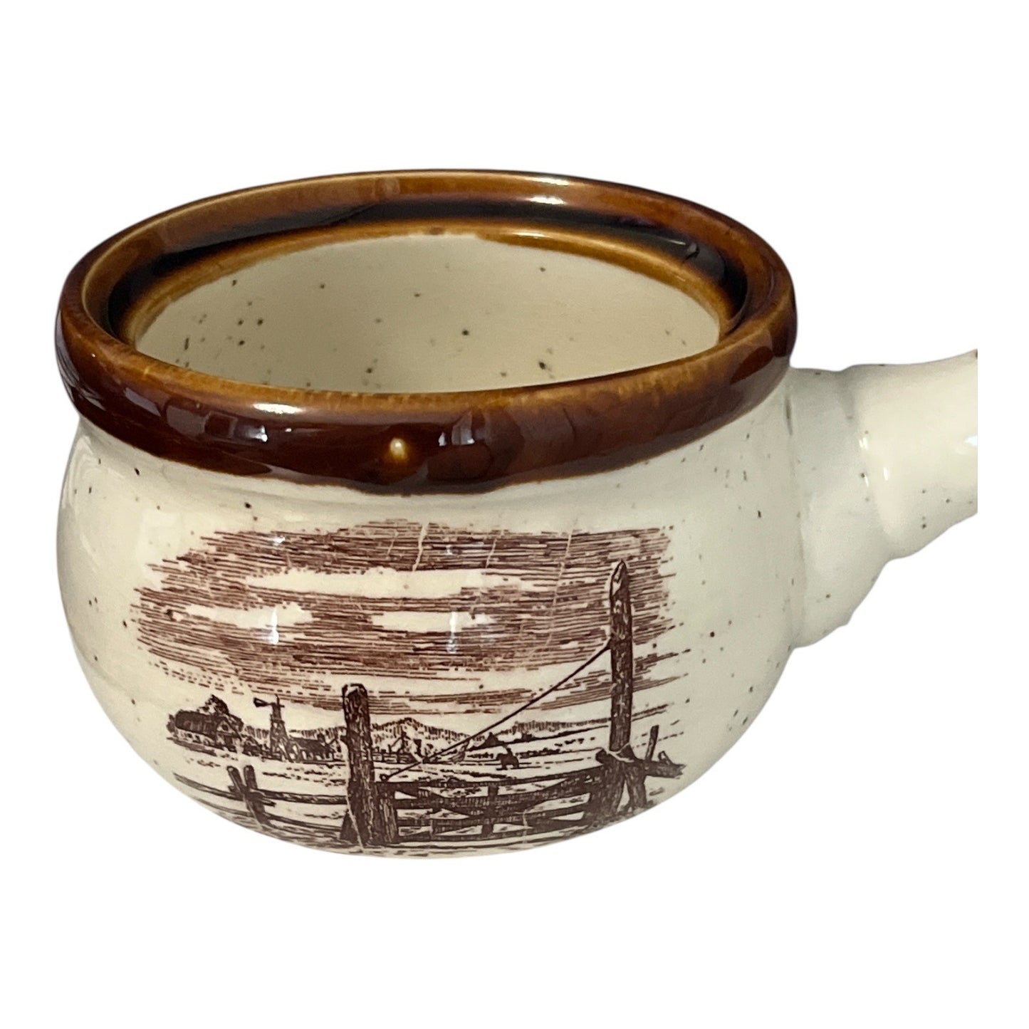 80s Vintage Farmhouse Soup Crock Set – Set of 4 – Brown Rim Stoneware Bowls with Scenic Country Designs