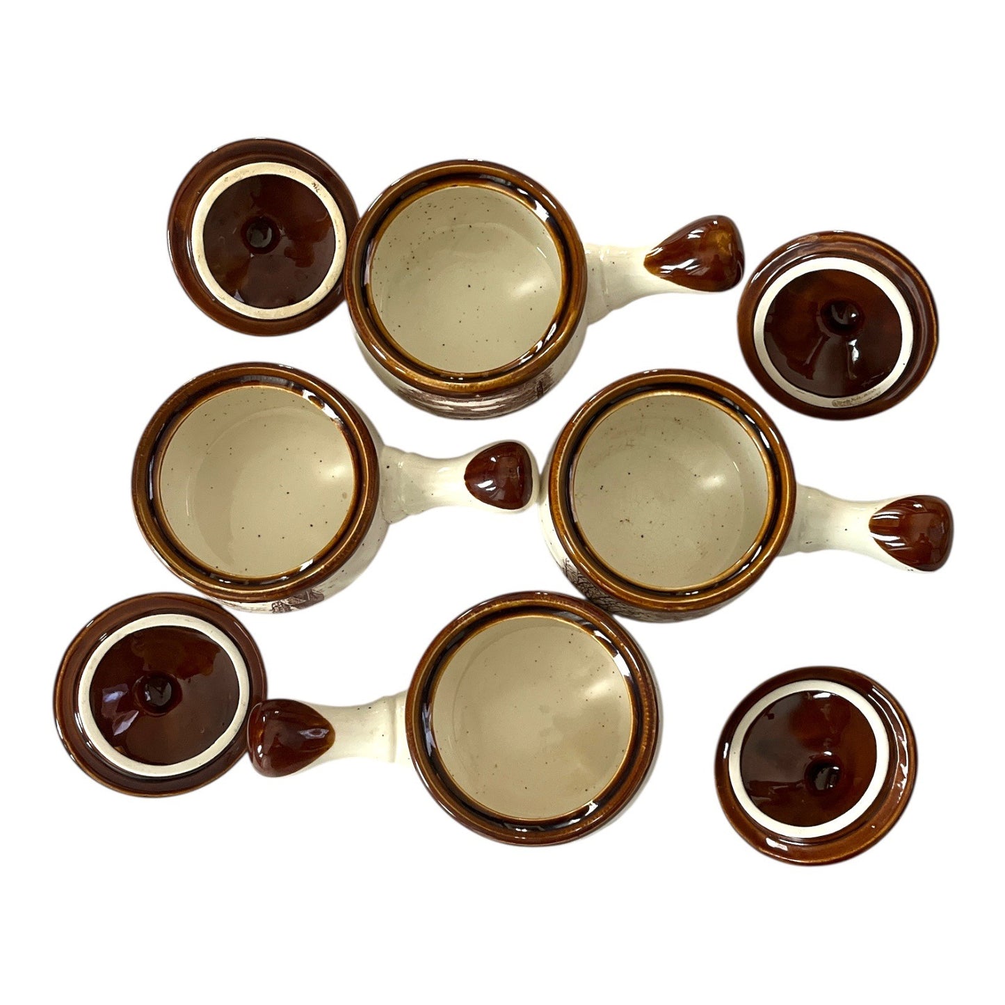 80s Vintage Farmhouse Soup Crock Set – Set of 4 – Brown Rim Stoneware Bowls with Scenic Country Designs