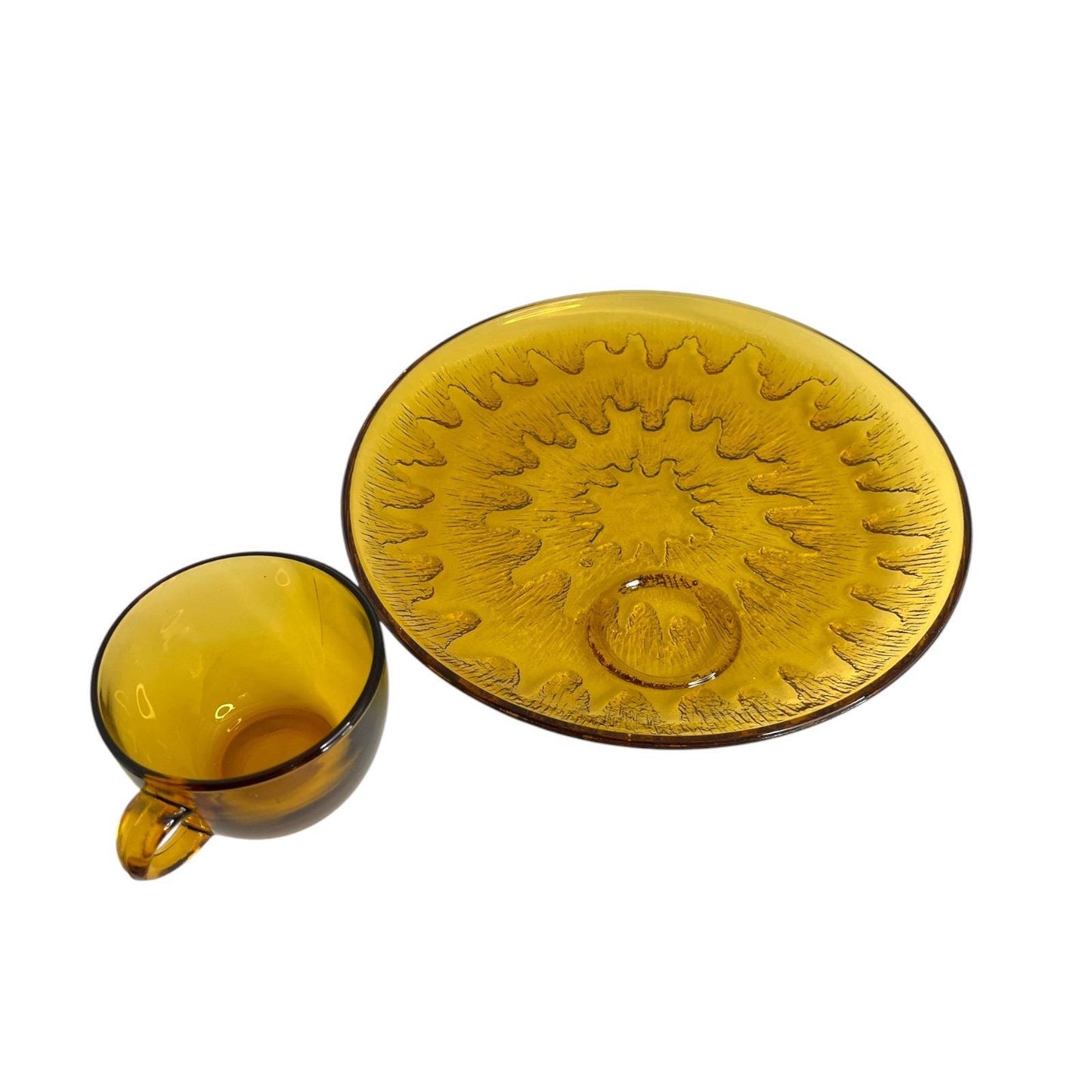 Vintage Amber Glass Snack Set – 4 Cups & 4 Plates – Mid-Century Modern