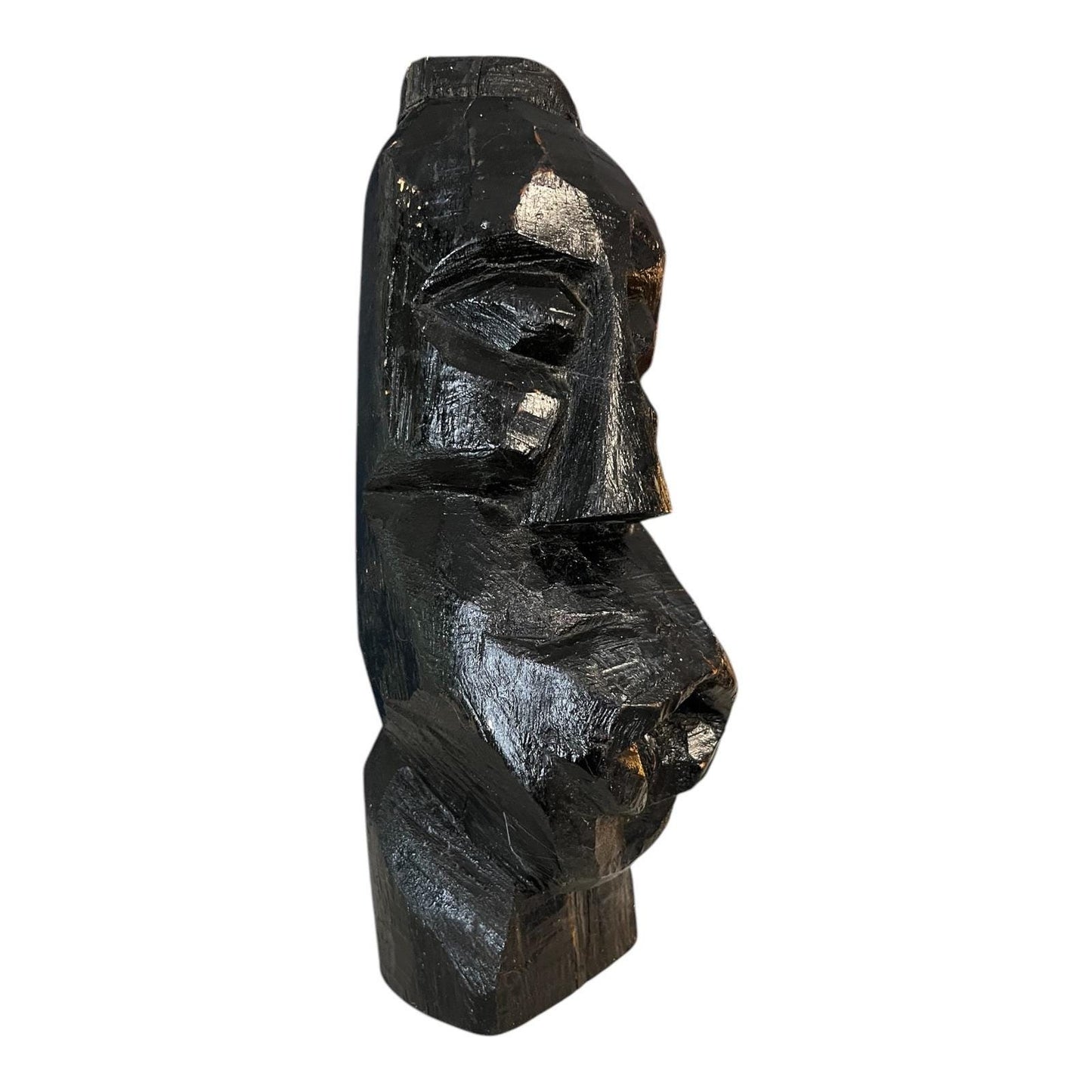 Vintage Hand-Carved Wooden Sculpture – Moai-Style Tribal Bust – 11.5”