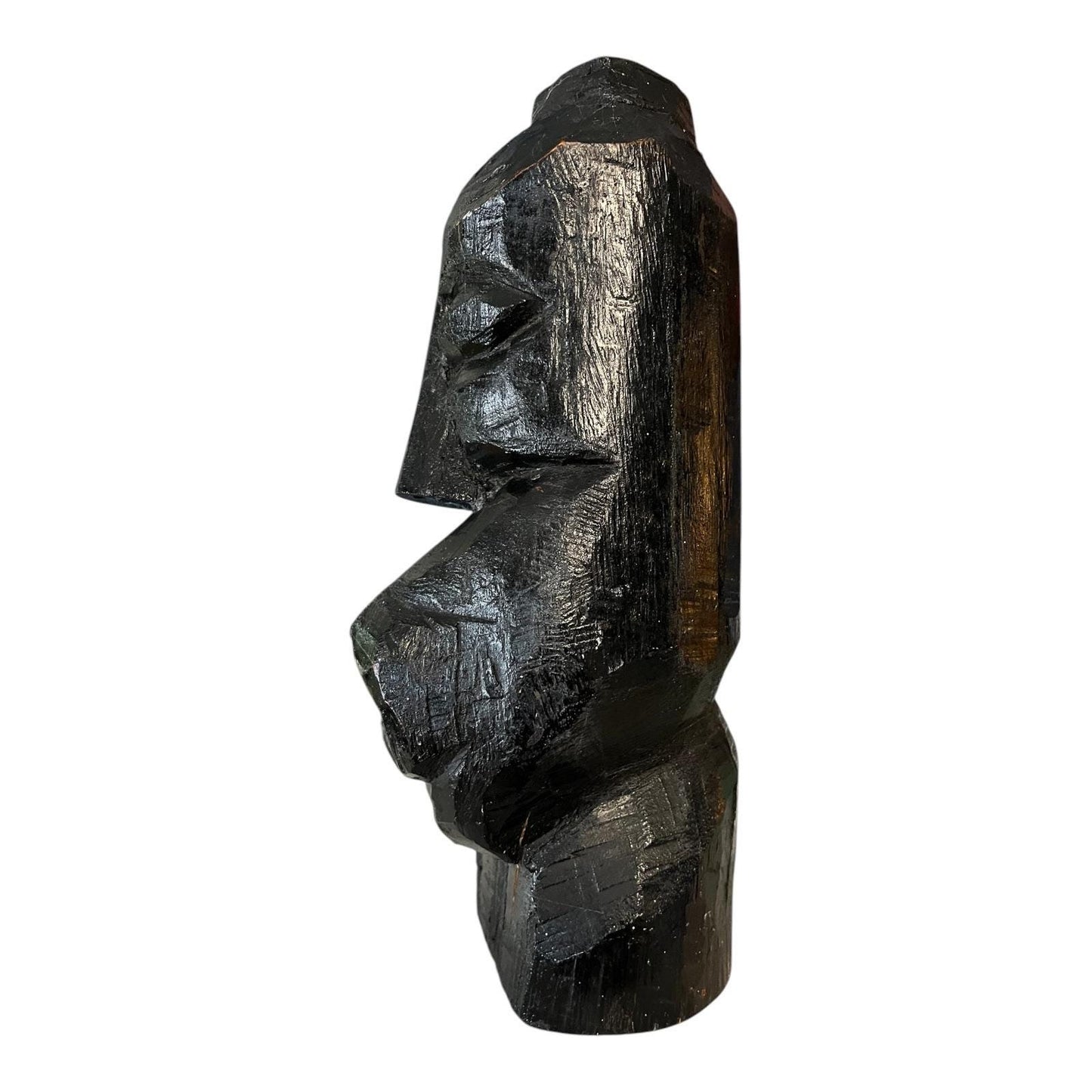 Vintage Hand-Carved Wooden Sculpture – Moai-Style Tribal Bust – 11.5”
