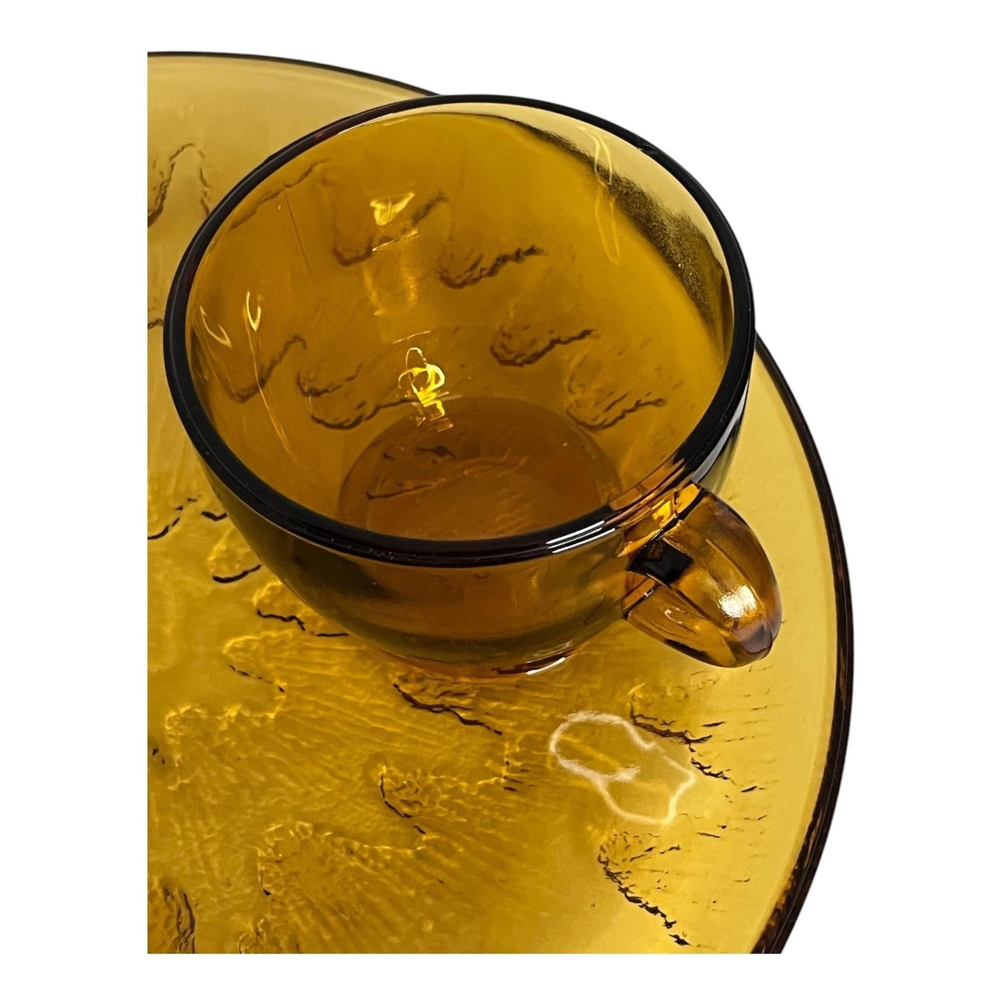 Vintage Amber Glass Snack Set – 4 Cups & 4 Plates – Mid-Century Modern
