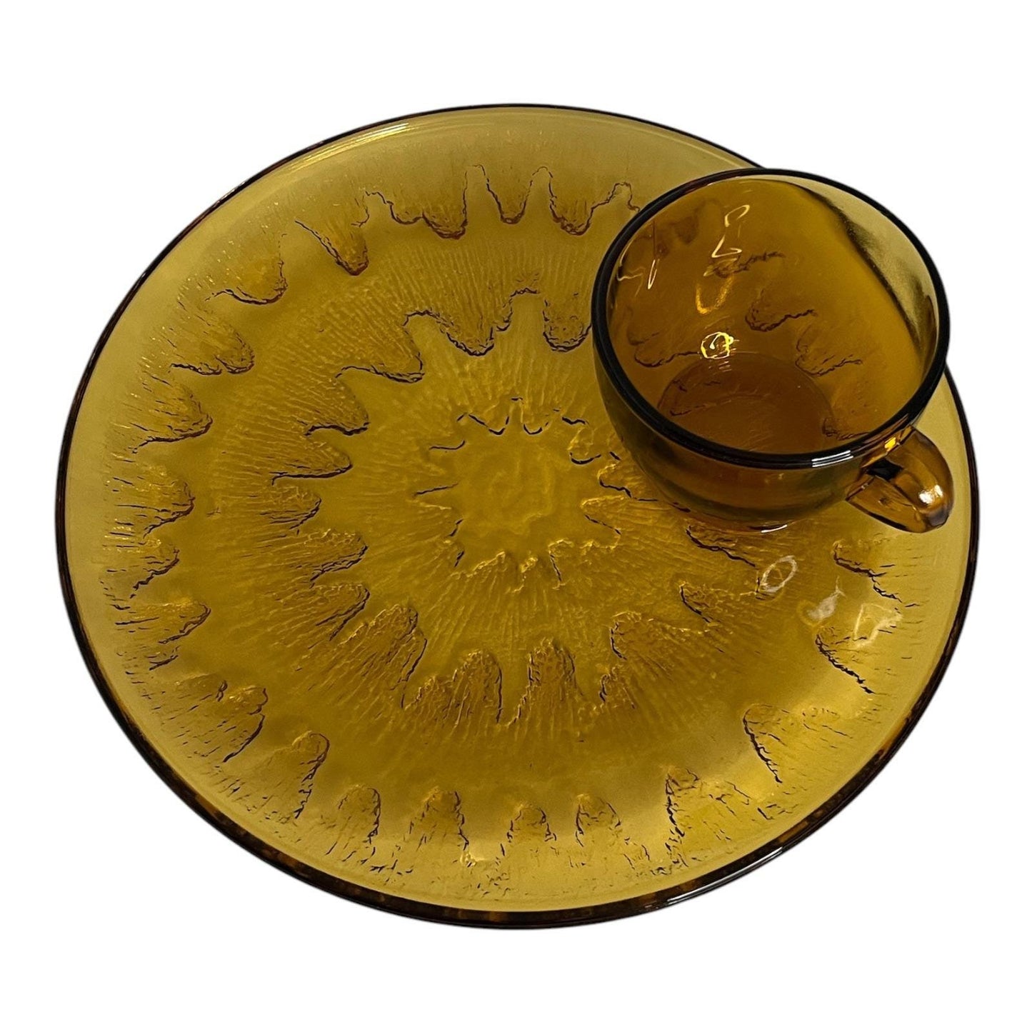 Vintage Amber Glass Snack Set – 4 Cups & 4 Plates – Mid-Century Modern