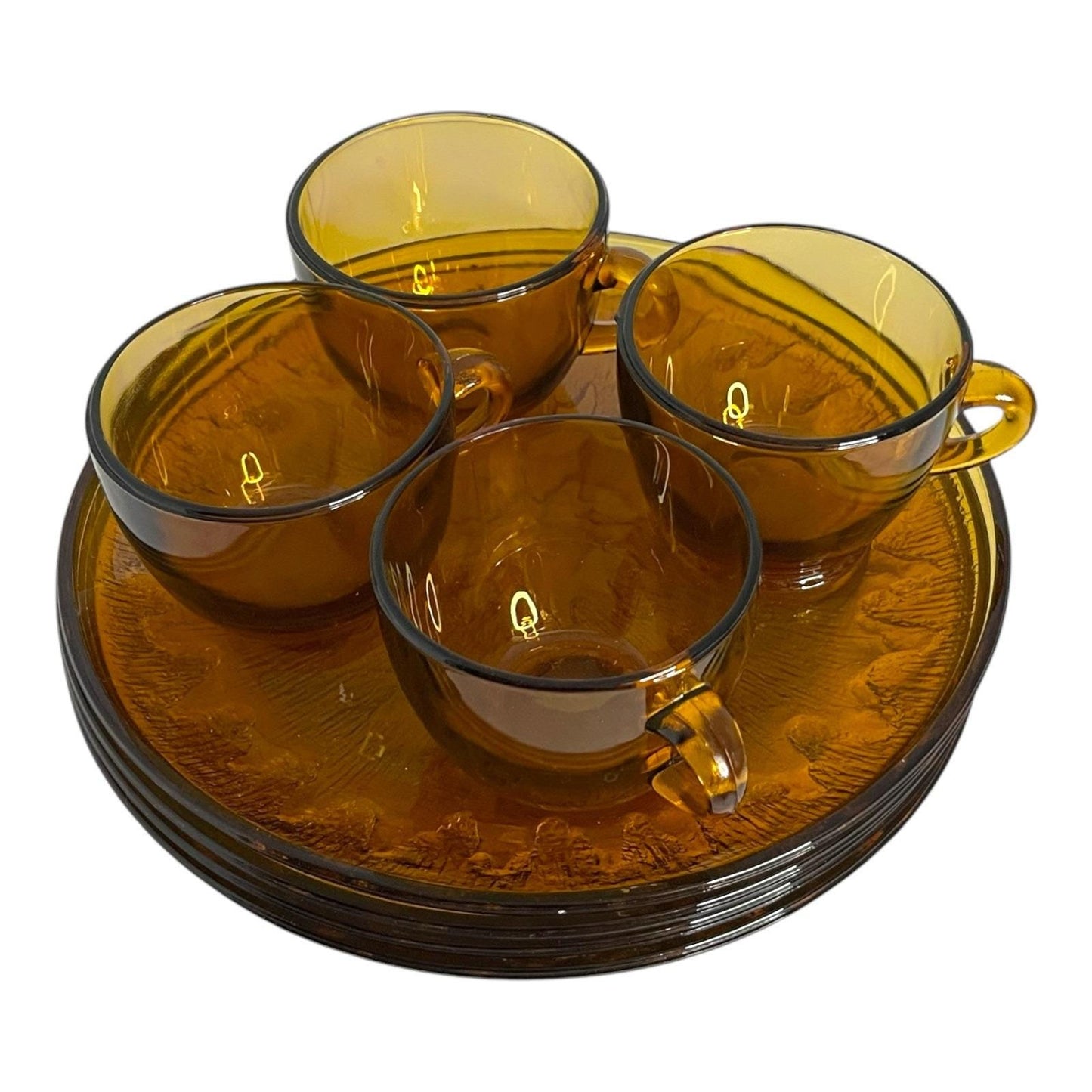 Vintage Amber Glass Snack Set – 4 Cups & 4 Plates – Mid-Century Modern