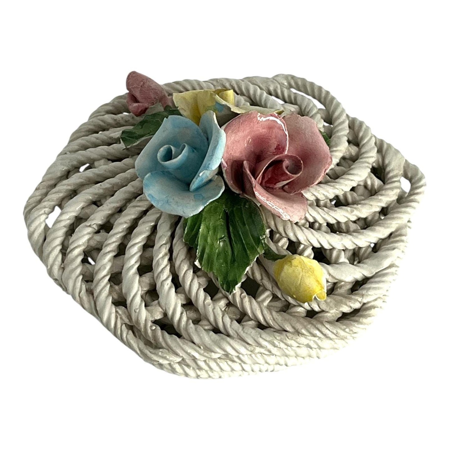 Vintage Italian Ceramic Basket – Floral Rose Detail – Rope Weave