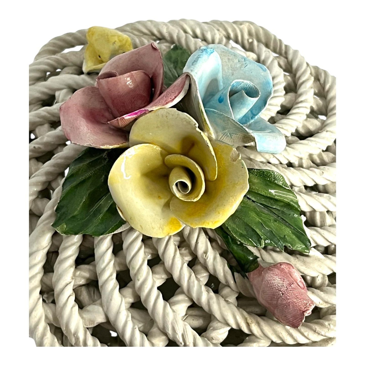 Vintage Italian Ceramic Basket – Floral Rose Detail – Rope Weave