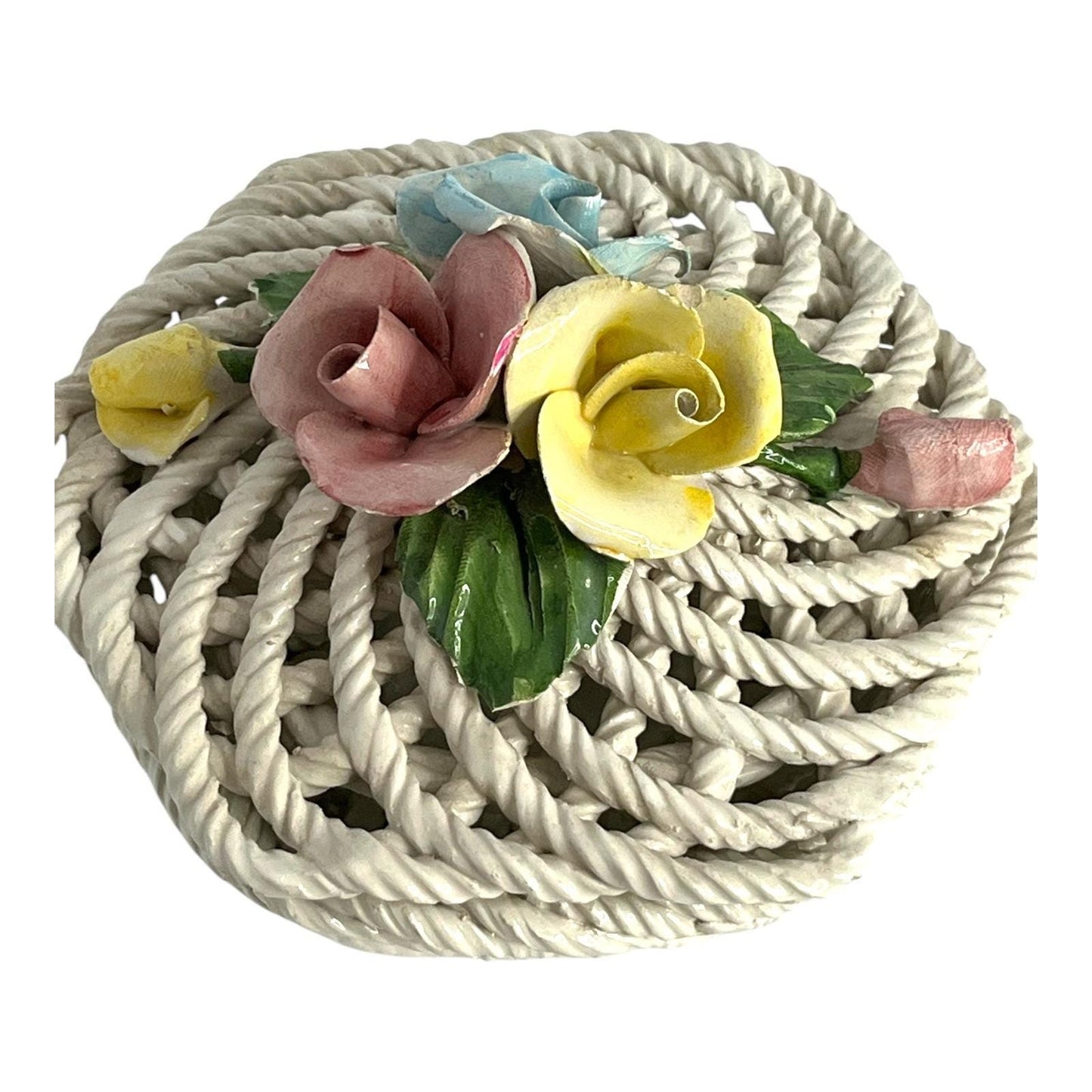Vintage Italian Ceramic Basket – Floral Rose Detail – Rope Weave