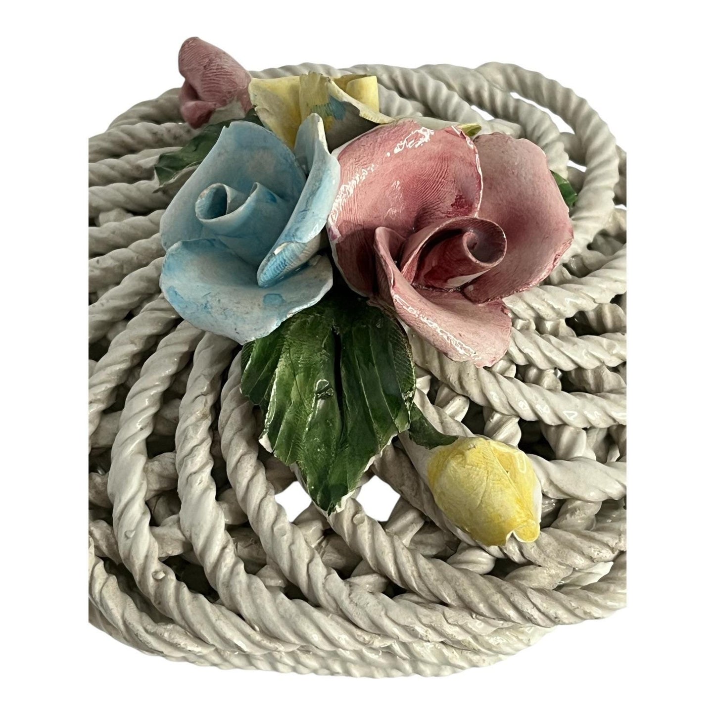 Vintage Italian Ceramic Basket – Floral Rose Detail – Rope Weave