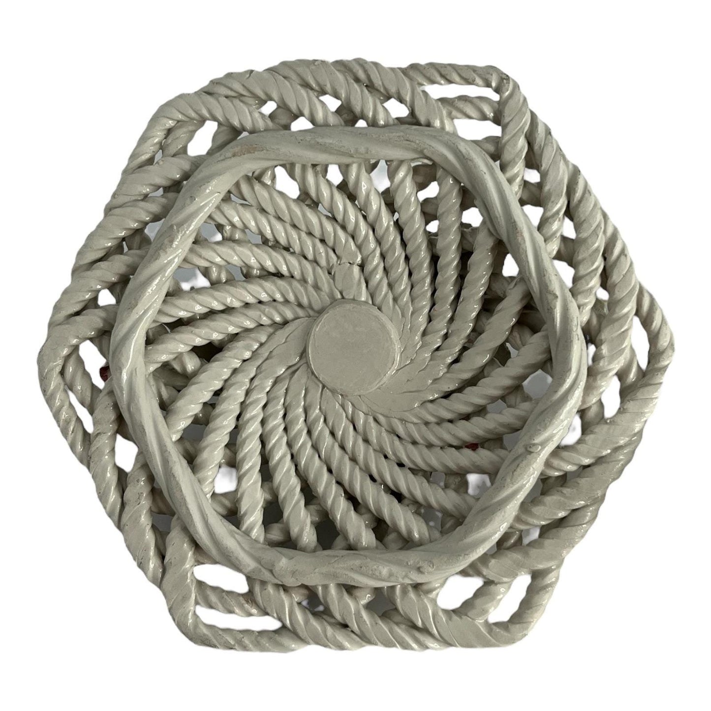 Vintage Italian Ceramic Basket – Floral Rose Detail – Rope Weave