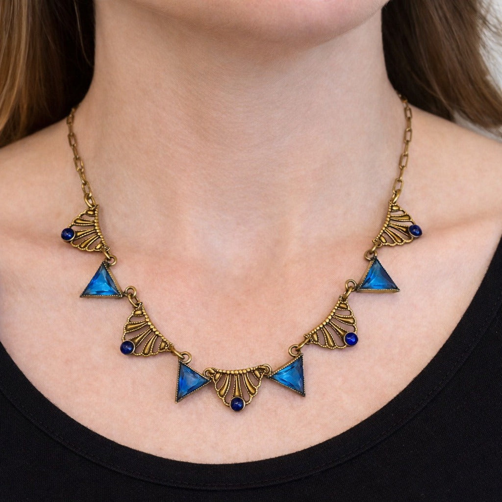 Vintage Gold Tone Blue Glass Statement Necklace Art Deco Style 14 Inch