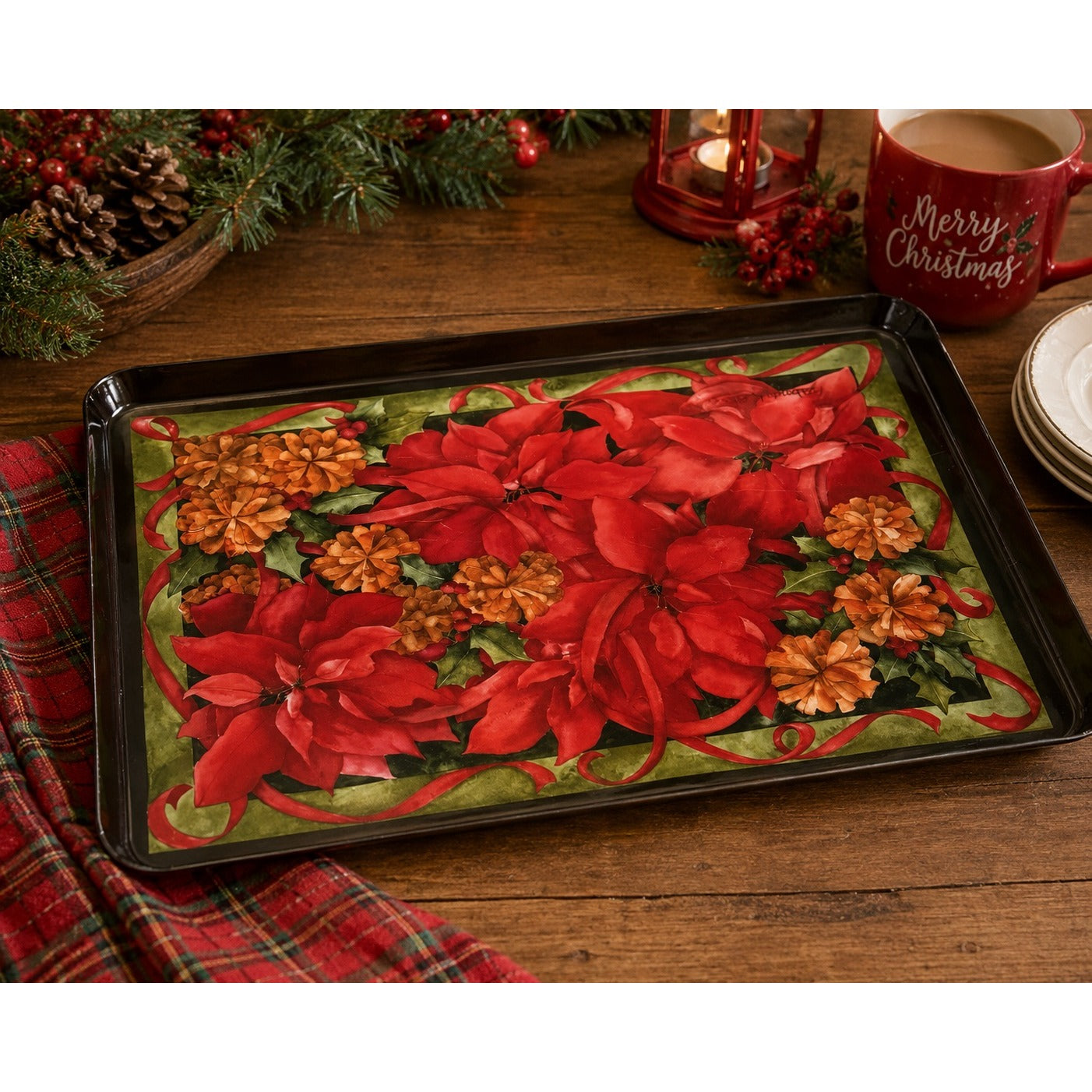 Melplus by R2S Italy Christmas Poinsettia Serving Tray Large Holiday Platter 17x12