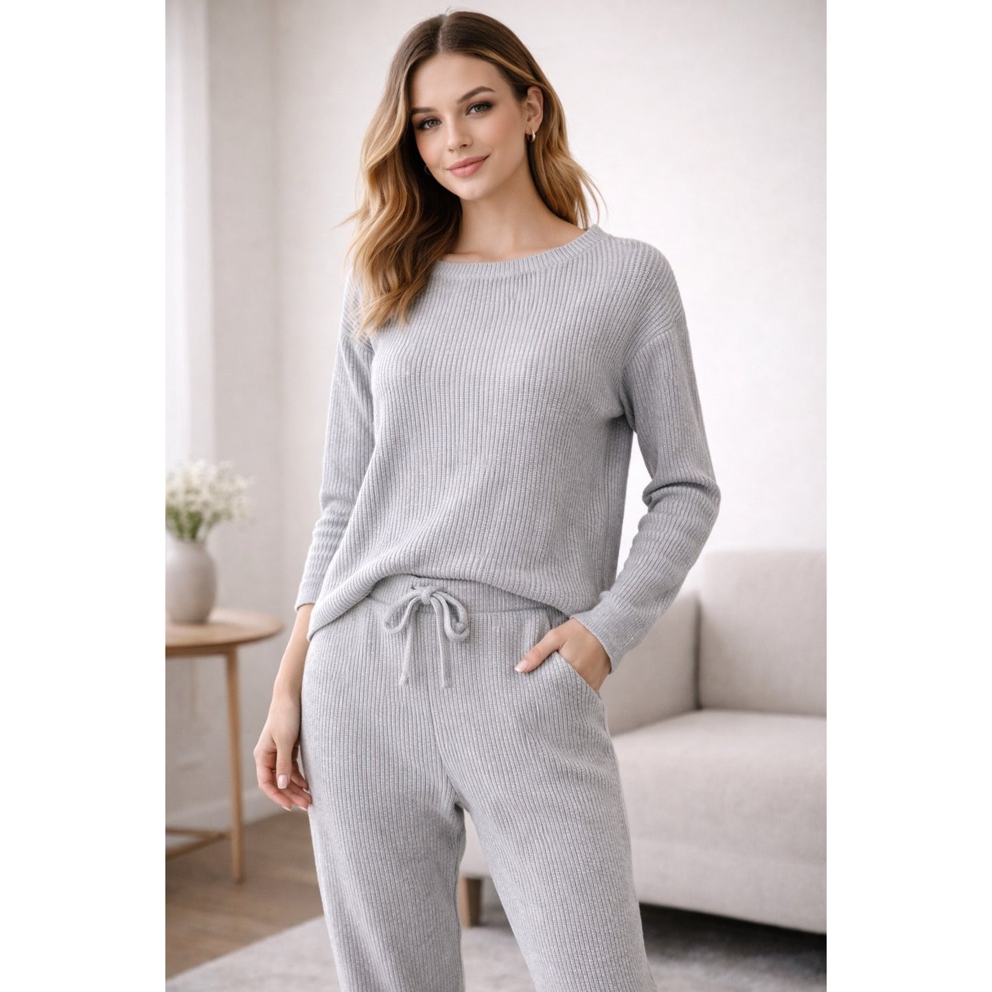 Ribbed Knit Lounge Set Light Gray Two Piece Sweater Top Pants Matching Outfit