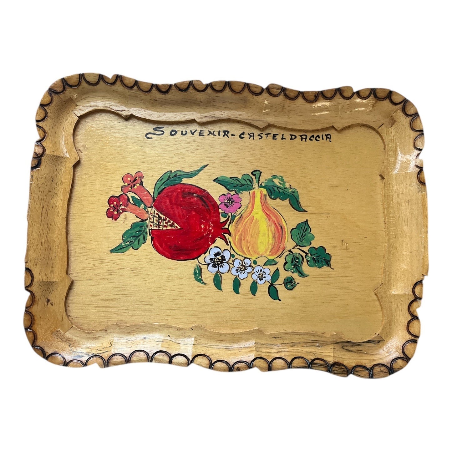 60s-70s Hand-Painted Wooden Souvenir Tray – Casteldaccia Italy – Fruit & Floral Design – 12 x 9 in