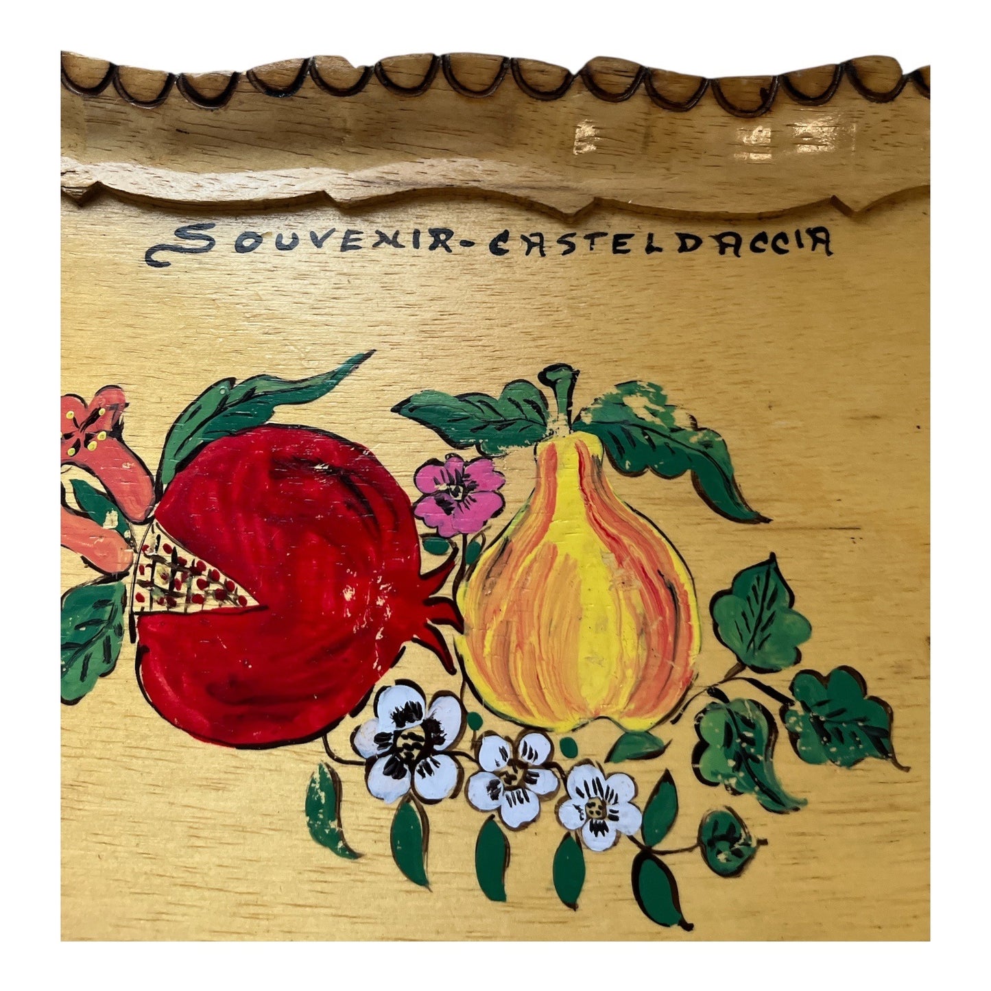 60s-70s Hand-Painted Wooden Souvenir Tray – Casteldaccia Italy – Fruit & Floral Design – 12 x 9 in