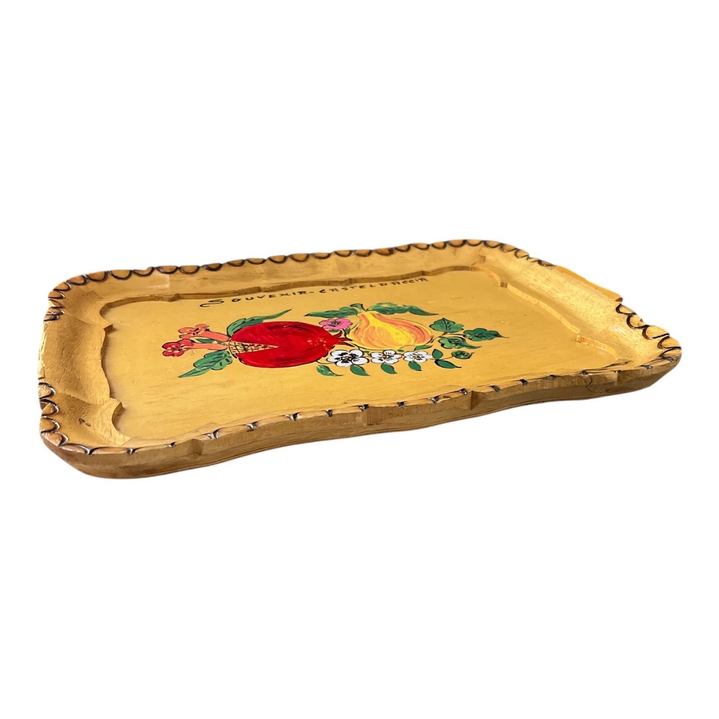 60s-70s Hand-Painted Wooden Souvenir Tray – Casteldaccia Italy – Fruit & Floral Design – 12 x 9 in