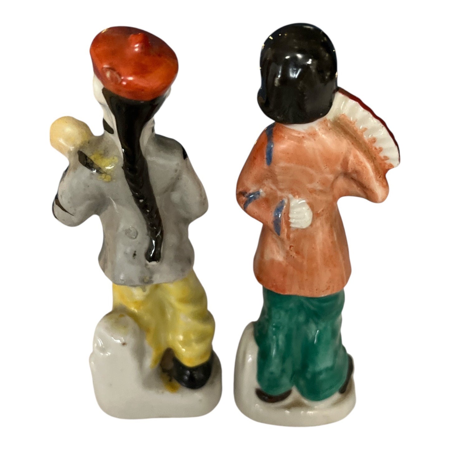 Vintage Made in Japan Asian Figurines – Musician & Fan Dancer Pair, Hand Painted, 5”