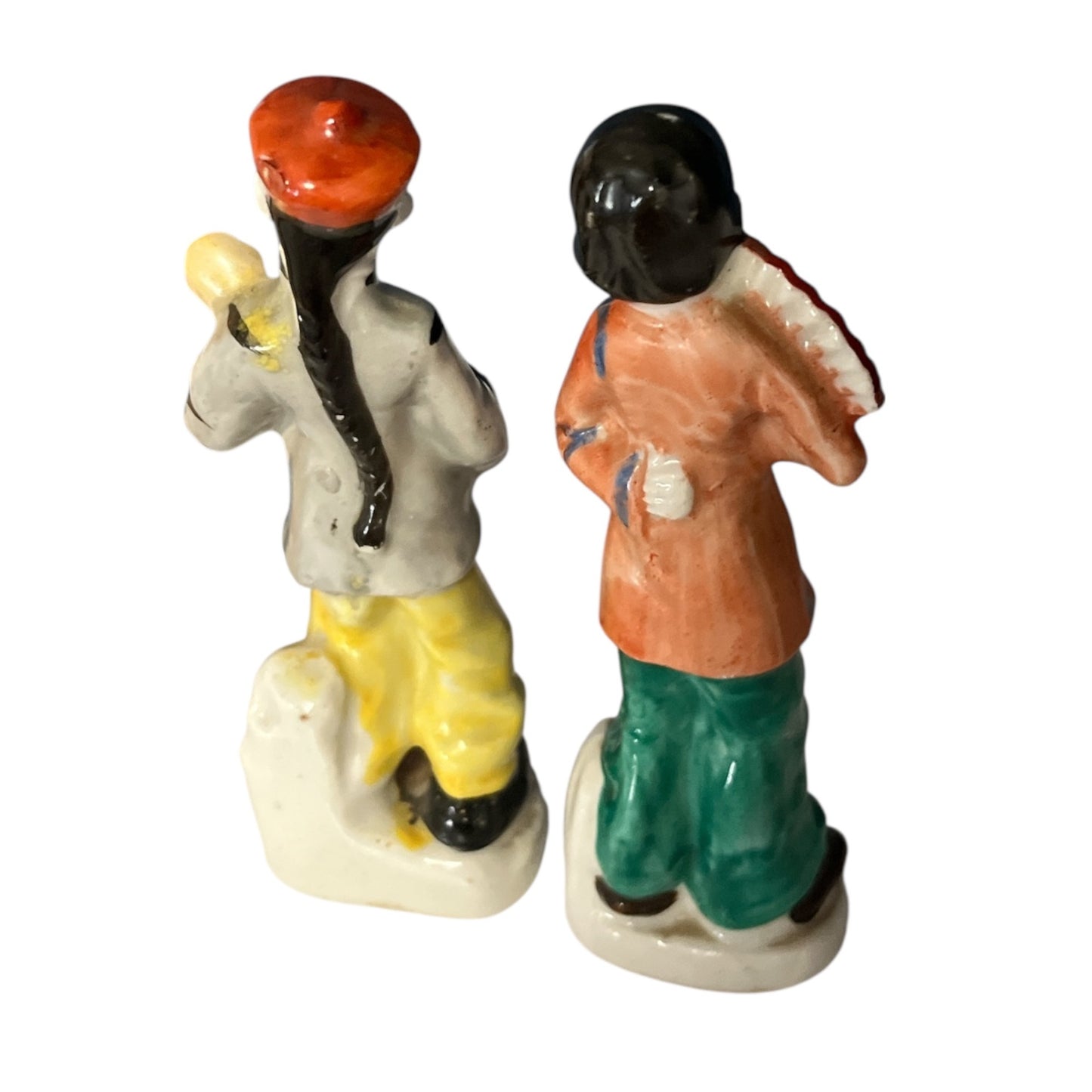 Vintage Made in Japan Asian Figurines – Musician & Fan Dancer Pair, Hand Painted, 5”