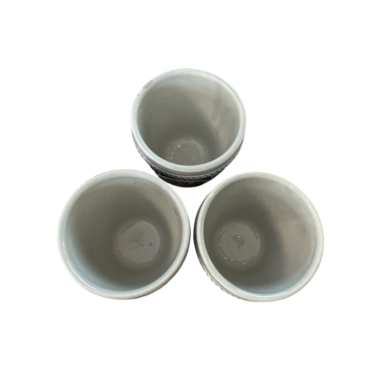 Set of 3 Vintage German Wick-Werke Style Stoneware Wine Cups – Rare Brown & Blue Grapevine Relief – 3 x 3.5"