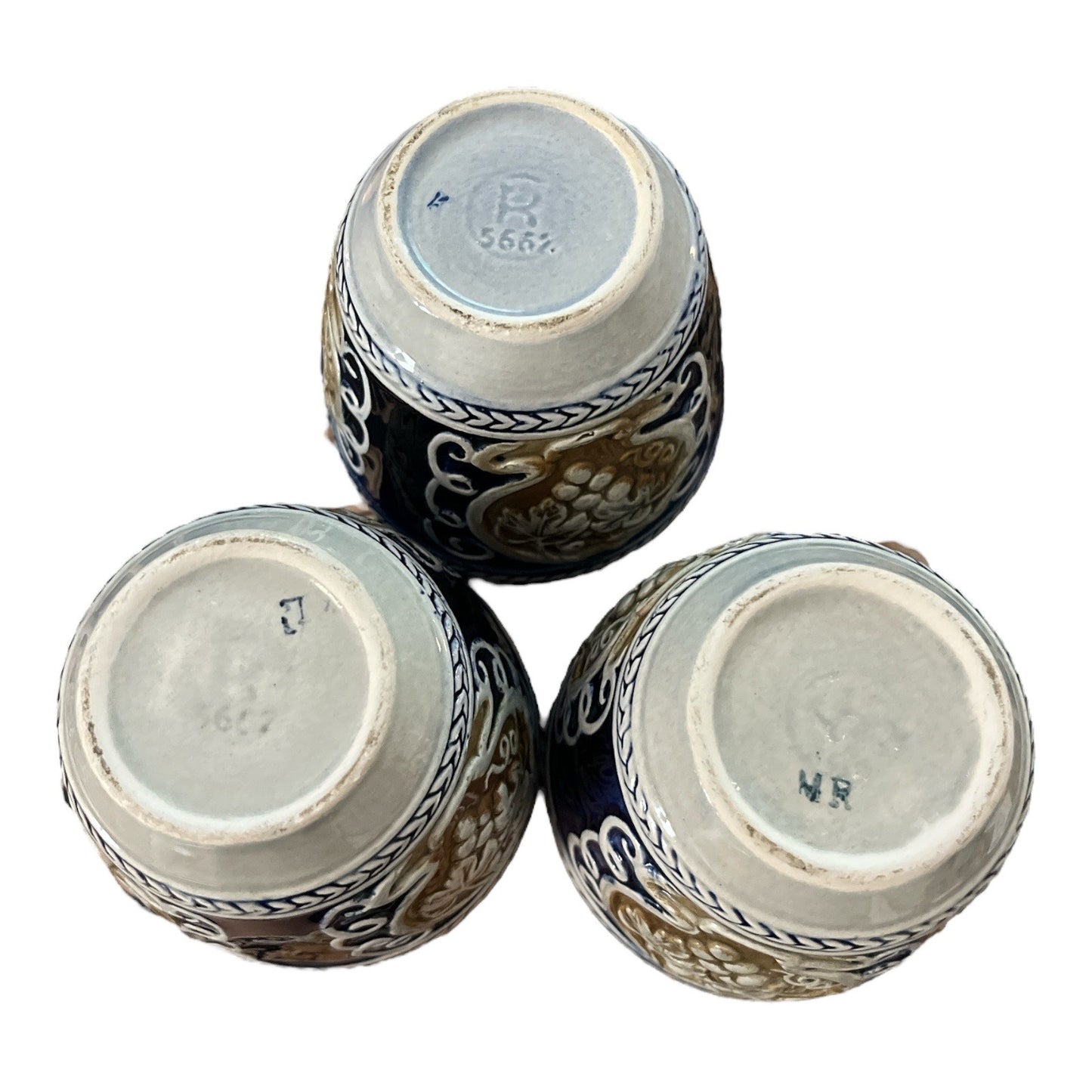 Set of 3 Vintage German Wick-Werke Style Stoneware Wine Cups – Rare Brown & Blue Grapevine Relief – 3 x 3.5"