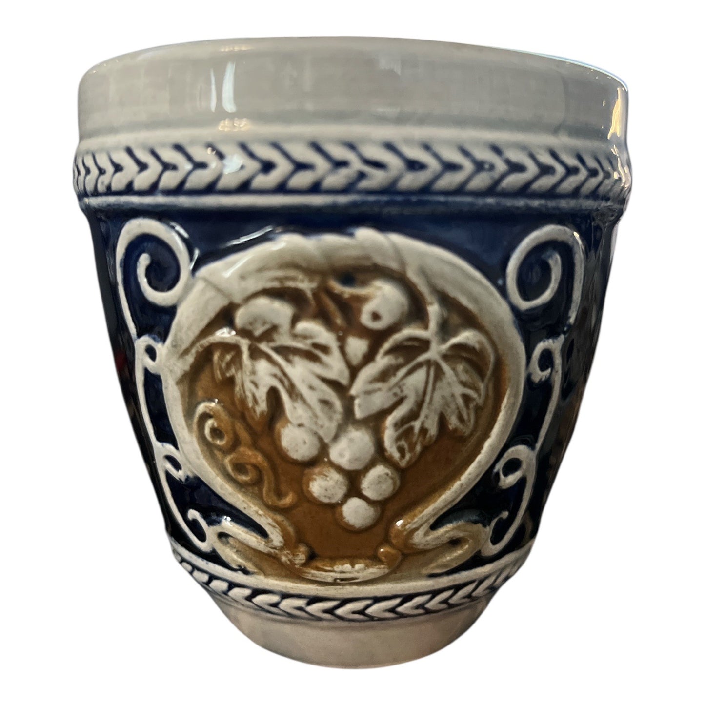Set of 3 Vintage German Wick-Werke Style Stoneware Wine Cups – Rare Brown & Blue Grapevine Relief – 3 x 3.5"