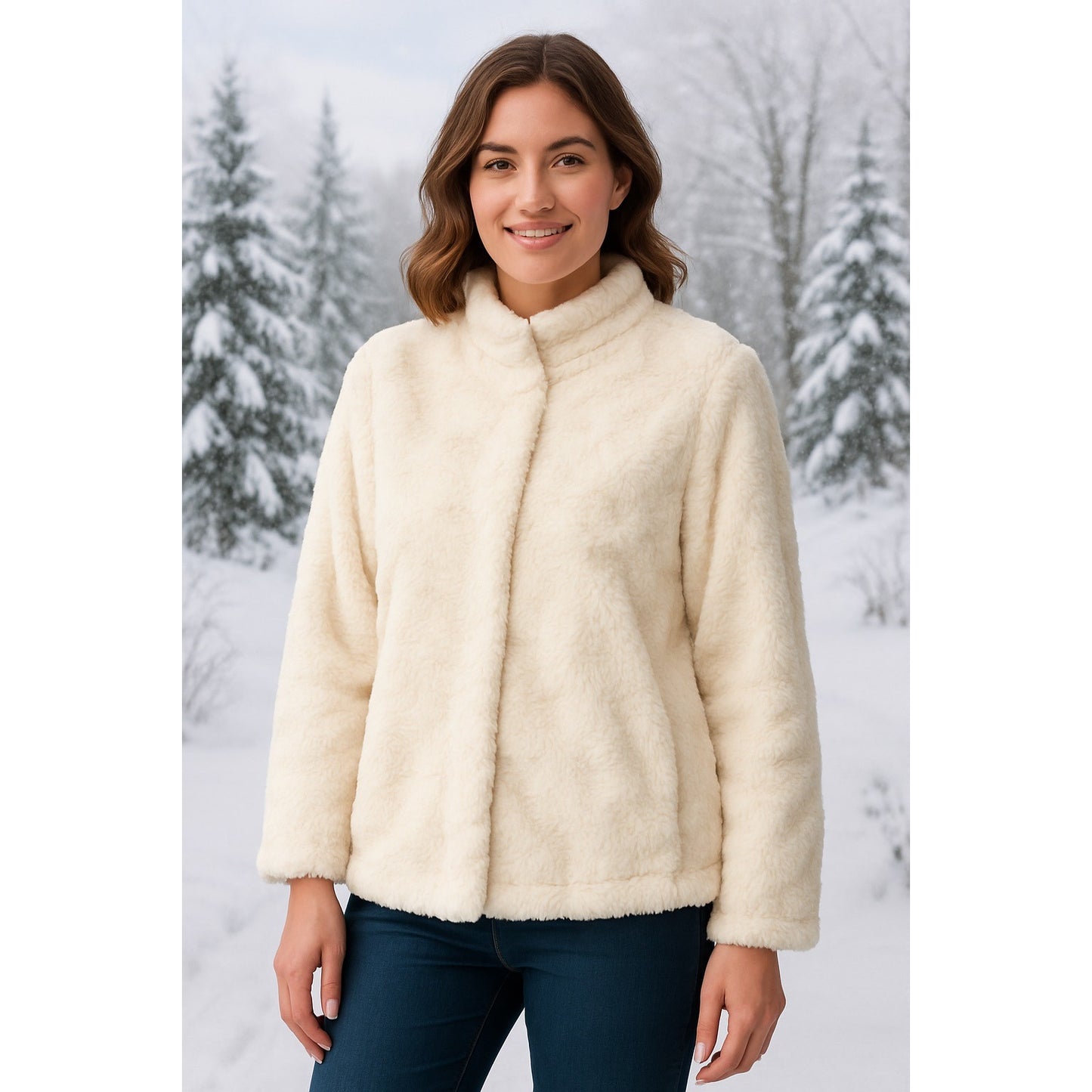 Alfred Dunner Petite Faux Fur Jacket Cream 14P Soft Plush Winter Coat