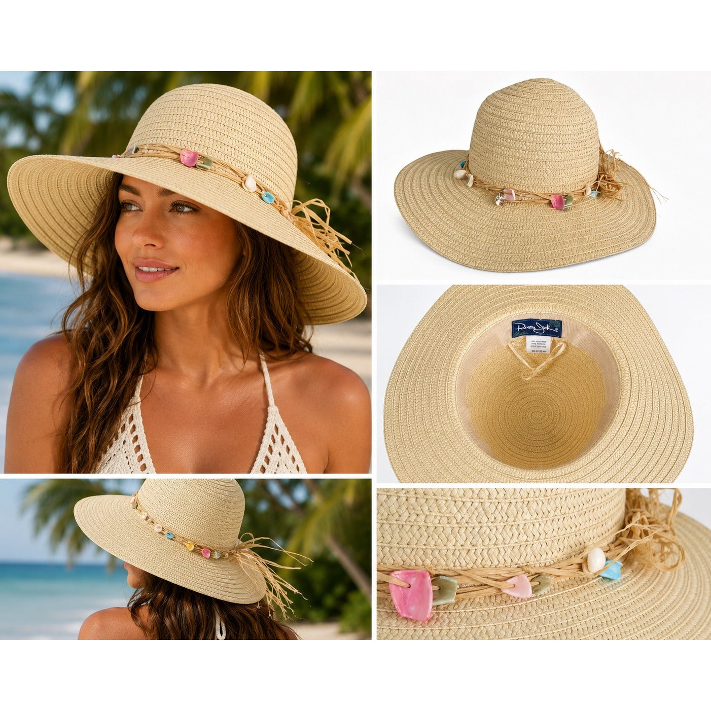 Panama Jack Women's Paper Braid Sun Hat Wide Brim Shell Trim One Size Beach Resort