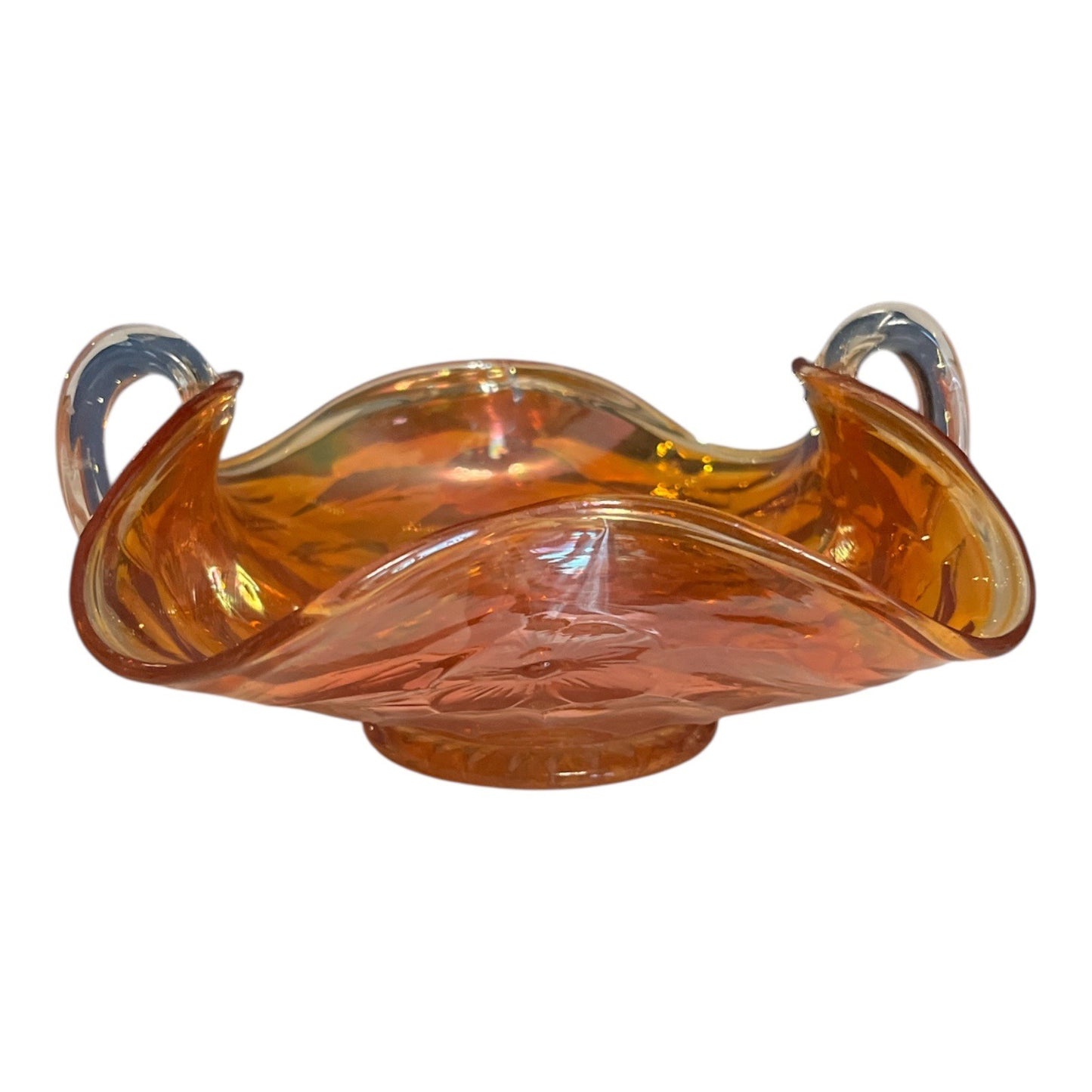 Vintage Iridescent Carnival Glass Style Dish with Clear Handles | Amber Ruffled Edge Bowl | Starburst Base