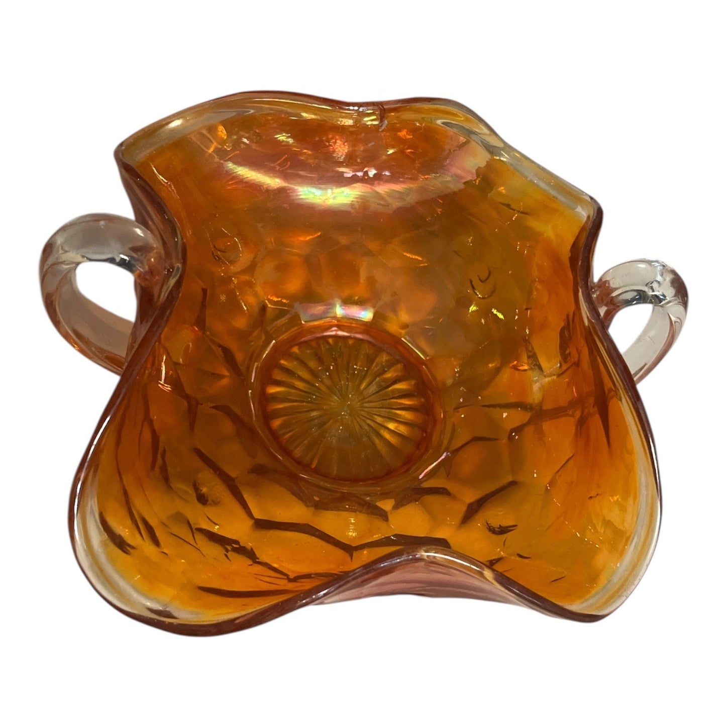 Vintage Iridescent Carnival Glass Style Dish with Clear Handles | Amber Ruffled Edge Bowl | Starburst Base