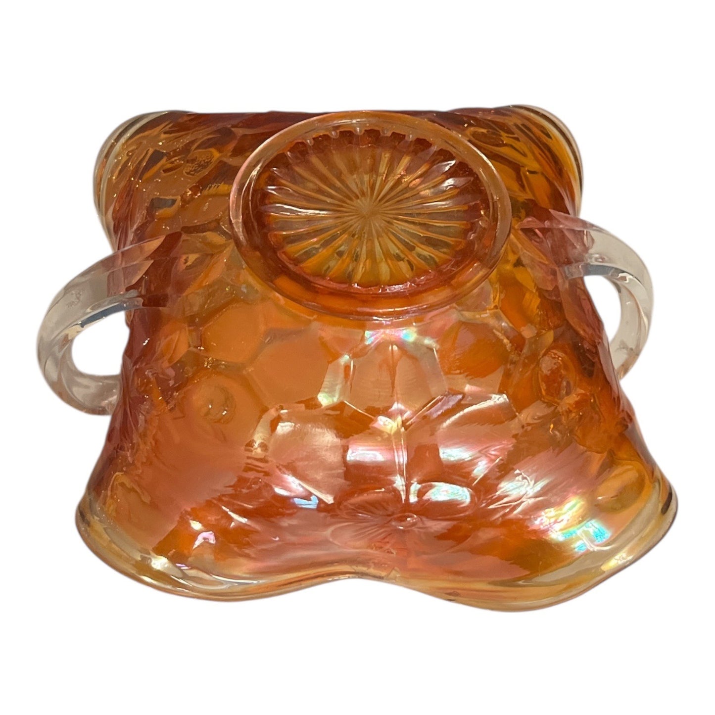 Vintage Iridescent Carnival Glass Style Dish with Clear Handles | Amber Ruffled Edge Bowl | Starburst Base