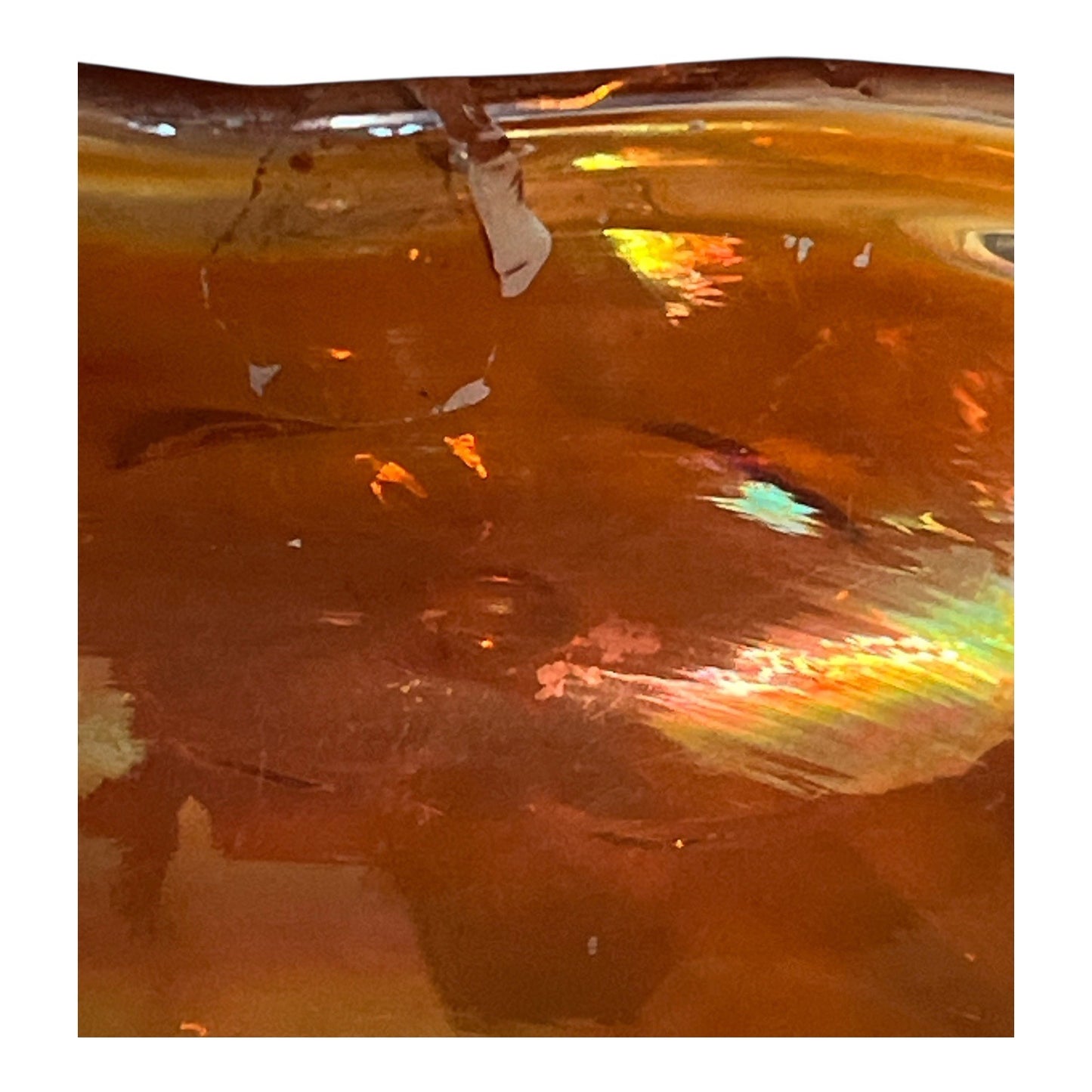 Vintage Iridescent Carnival Glass Style Dish with Clear Handles | Amber Ruffled Edge Bowl | Starburst Base