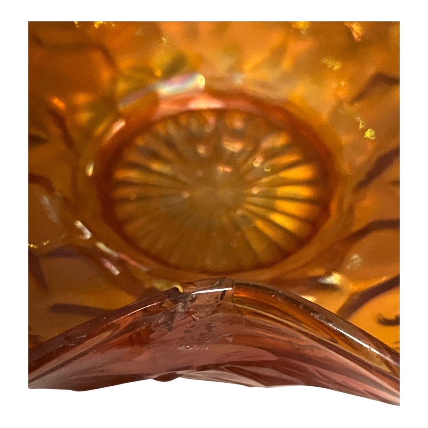 Vintage Iridescent Carnival Glass Style Dish with Clear Handles | Amber Ruffled Edge Bowl | Starburst Base
