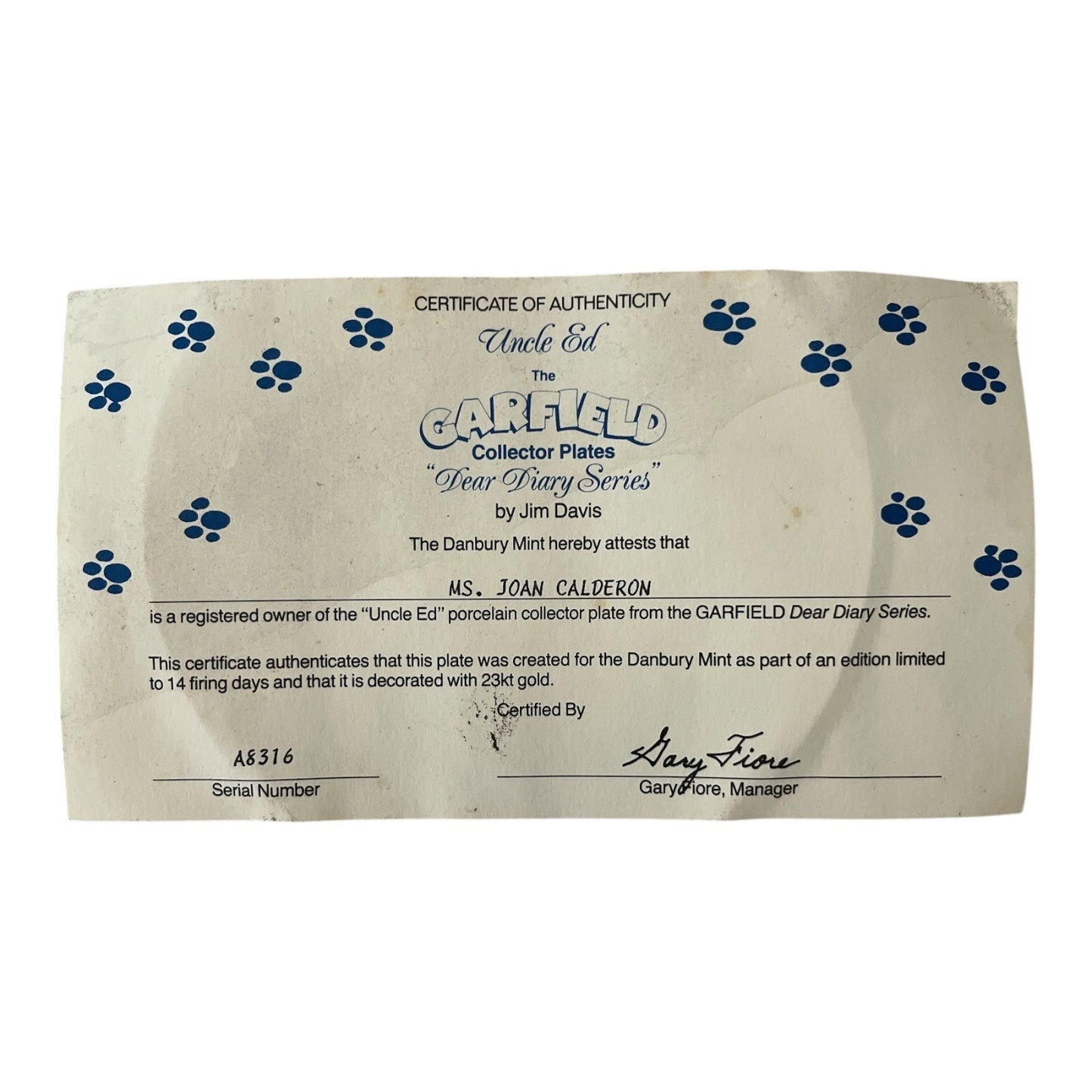 Garfield Dear Diary Series "God Created Leaves" Danbury Mint Collector Plate 8.25" COA