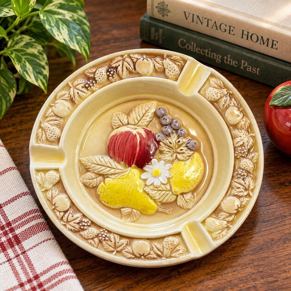 Vintage Japan Ceramic Fruit Ashtray 7" Mid Century Apple Pear Grapes
