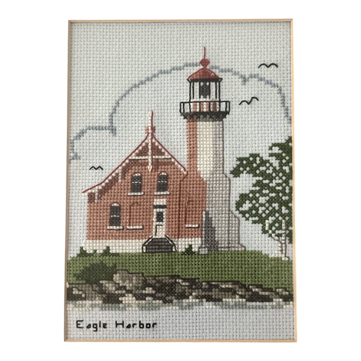 Vtg. Framed Eagle Harbor Lighthouse Cross-Stitch – Nautical Wall Art – 8.5 x 10.5