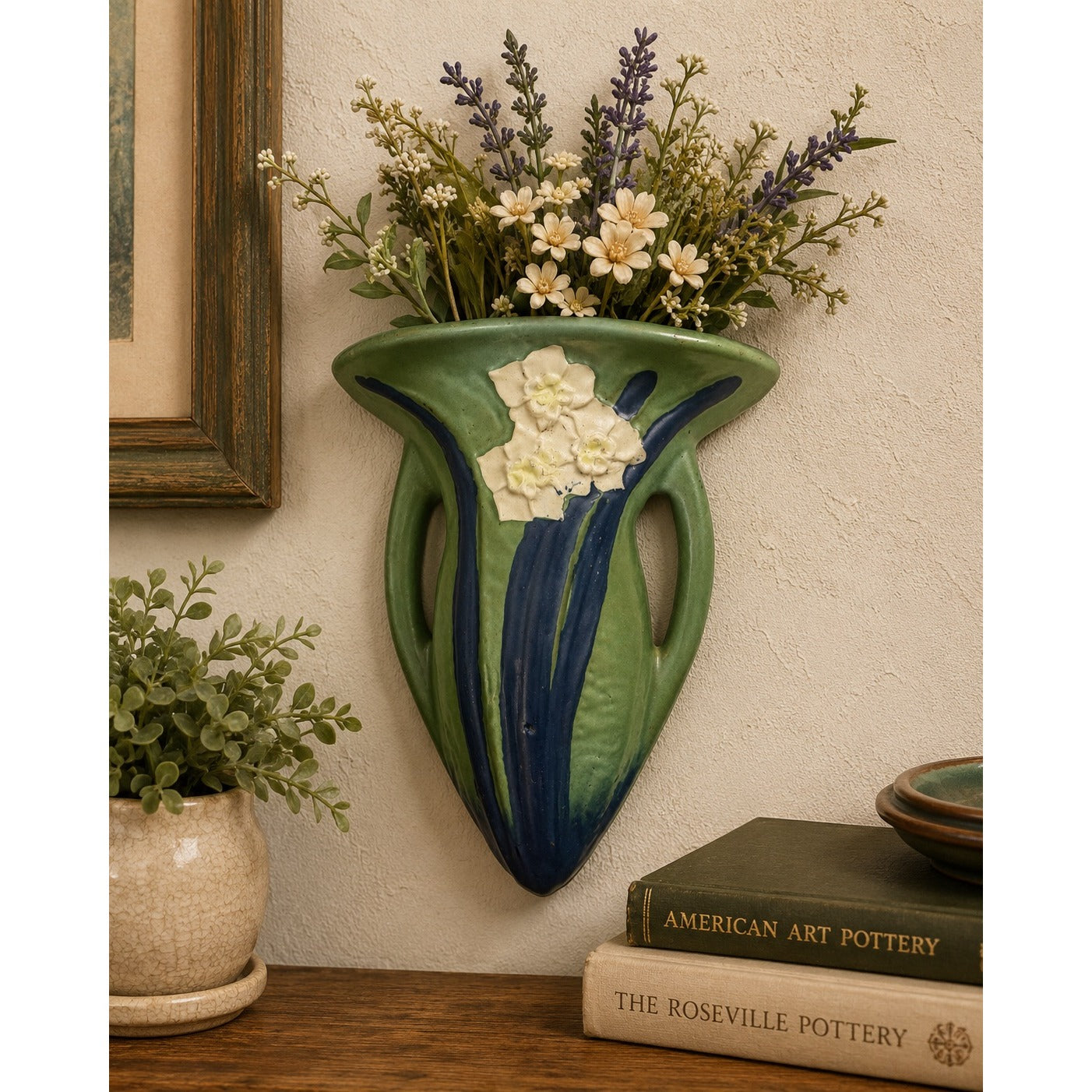 Roseville Pottery Green Wall Pocket Vase w/ White Floral Relief 8” x 6” Art Pottery