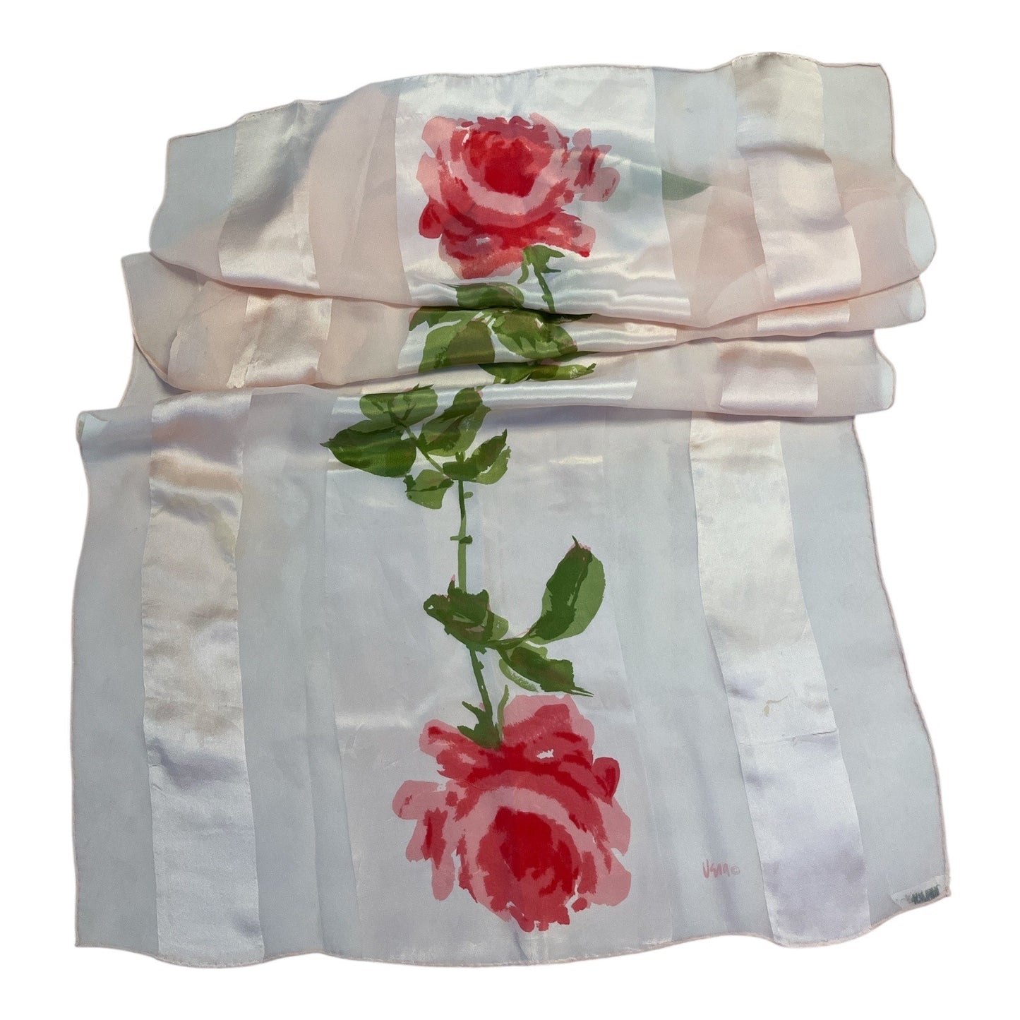 Vintage Vera Neumann Rose Silk Scarf – 1960s Floral Print Japan-Made – Hand Rolled Hem – Pink Red Green – 44 x 19