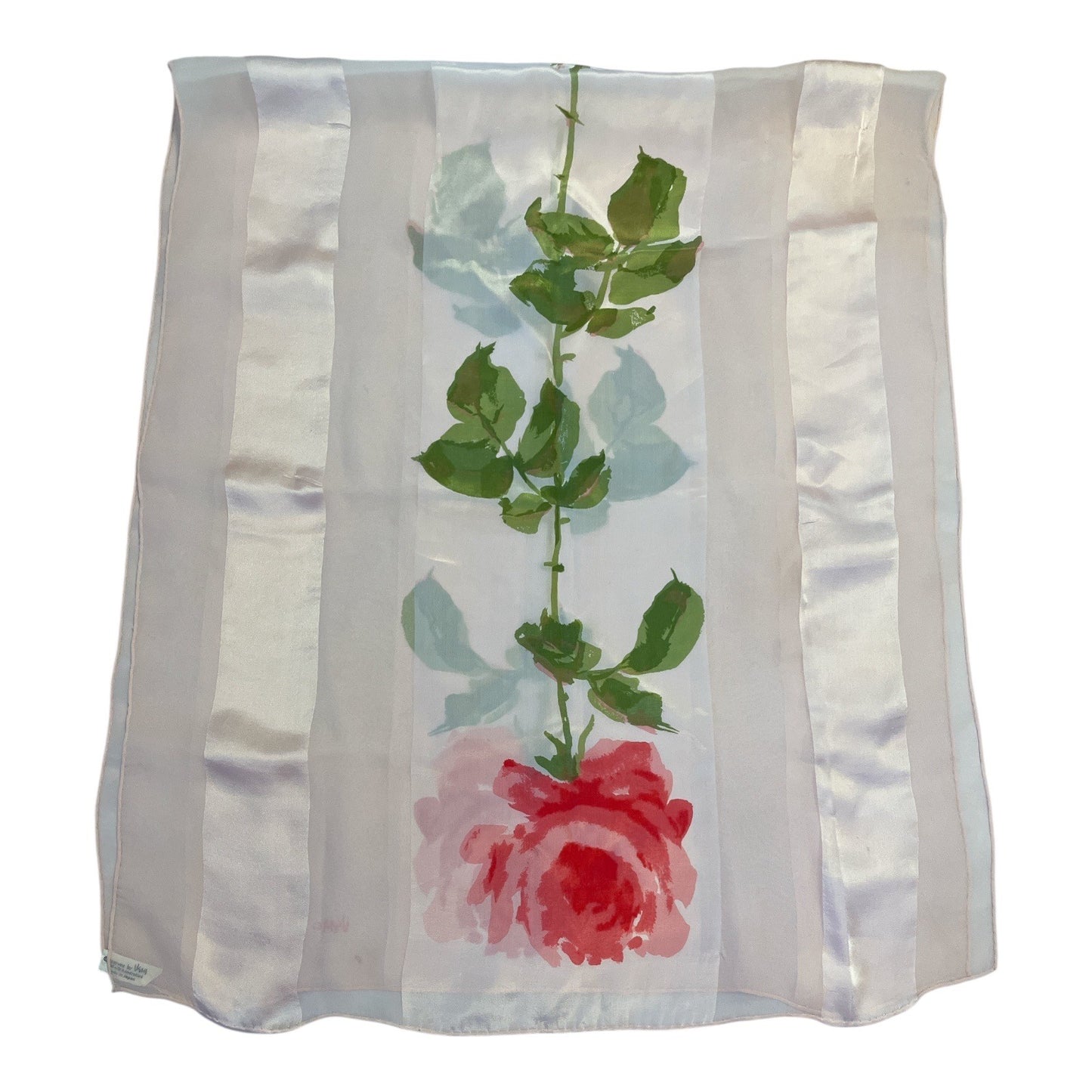 Vintage Vera Neumann Rose Silk Scarf – 1960s Floral Print Japan-Made – Hand Rolled Hem – Pink Red Green – 44 x 19