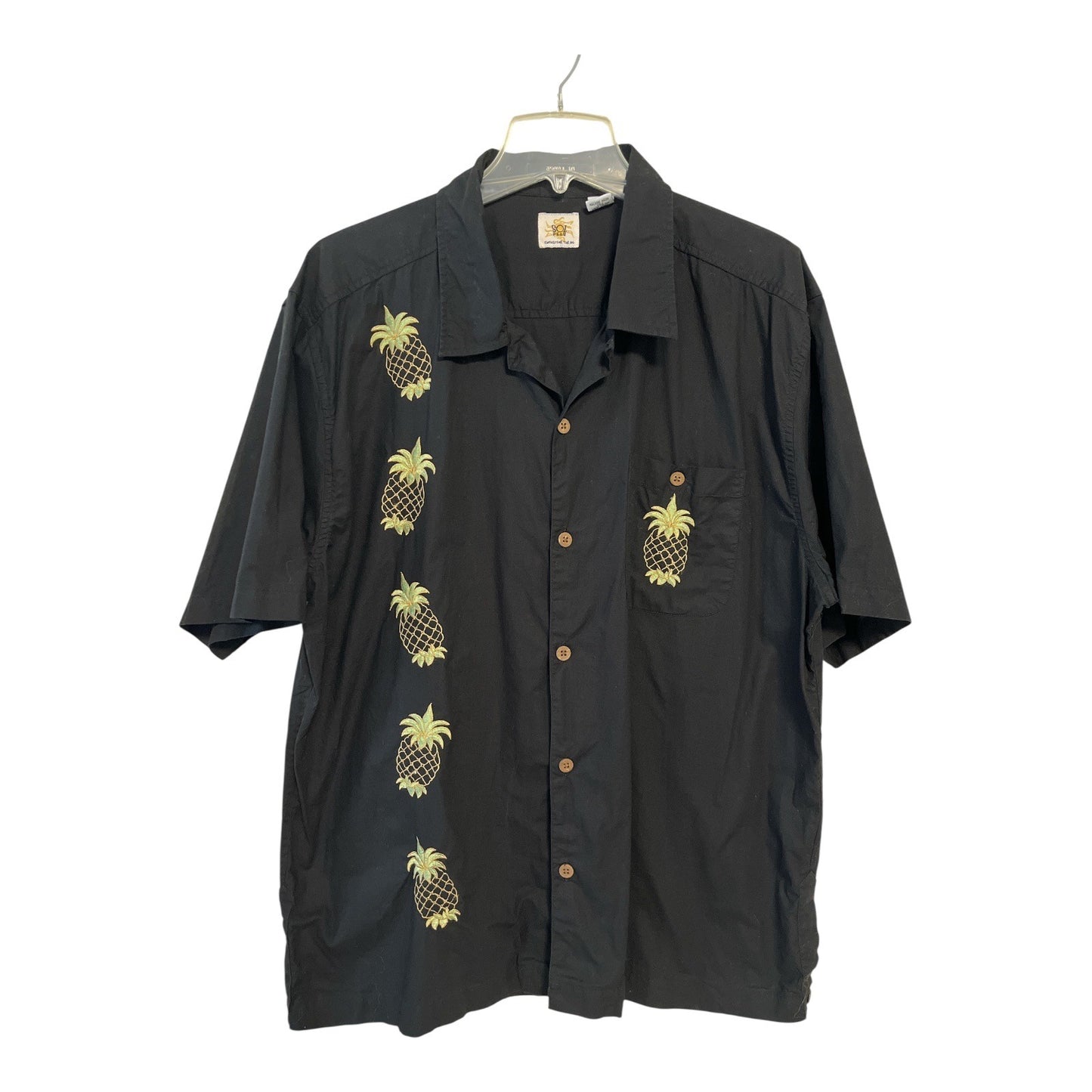 Vintage 2000s Sol Wear Pineapple Shirt Men’s XL – Black Embroidered Hawaiian Button Down Cotton Top