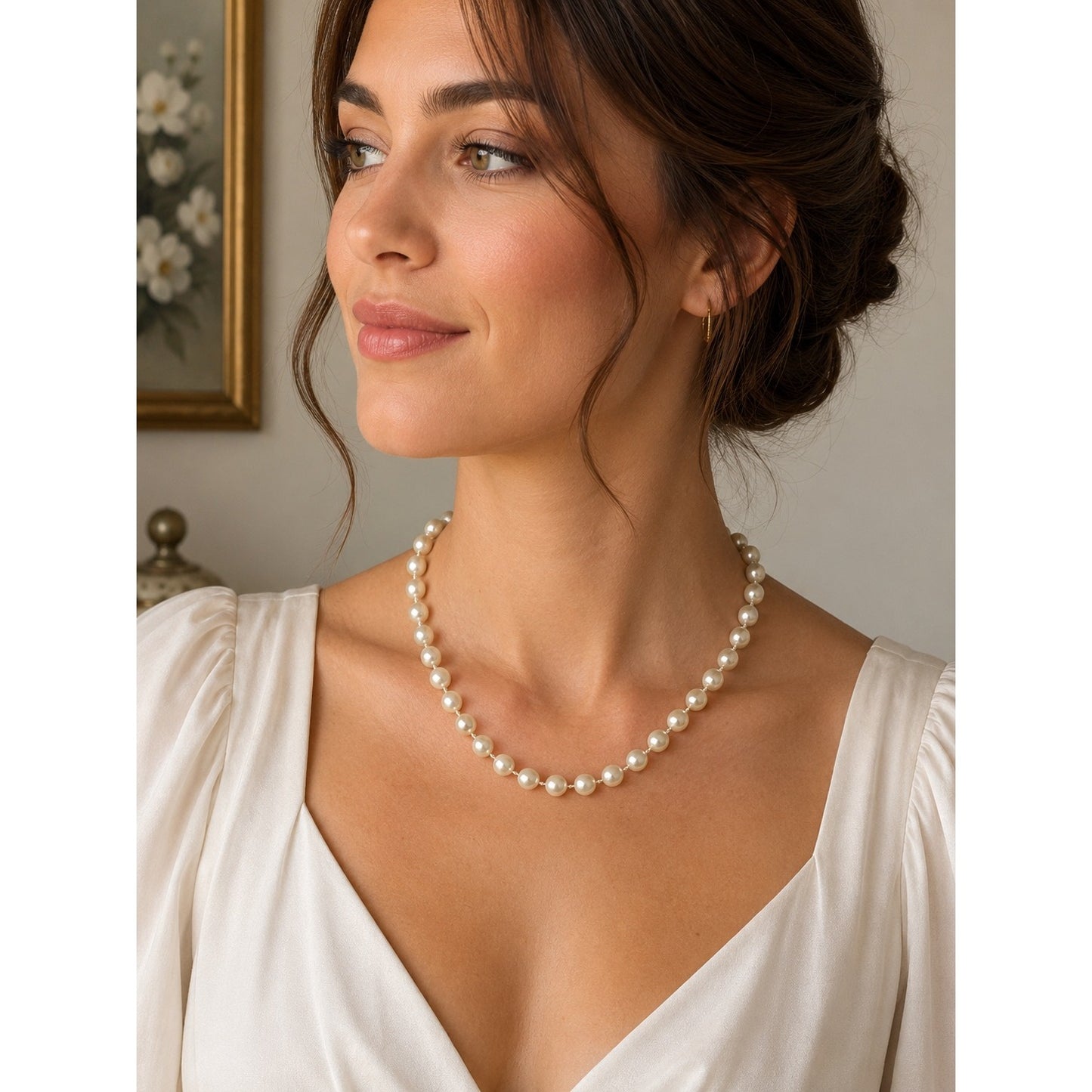 Vintage Faux Pearl Beaded Necklace 16 Inch Cream Glass Pearl Choker Gold Tone Clasp
