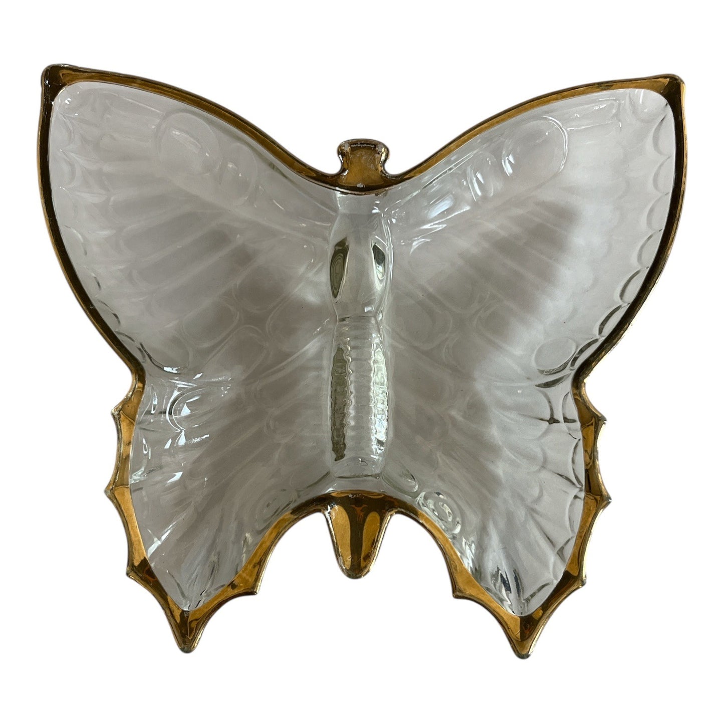 Vintage Clear Glass Butterfly Dish with Gold Trim – Mid-Century Style – 8" x 7"