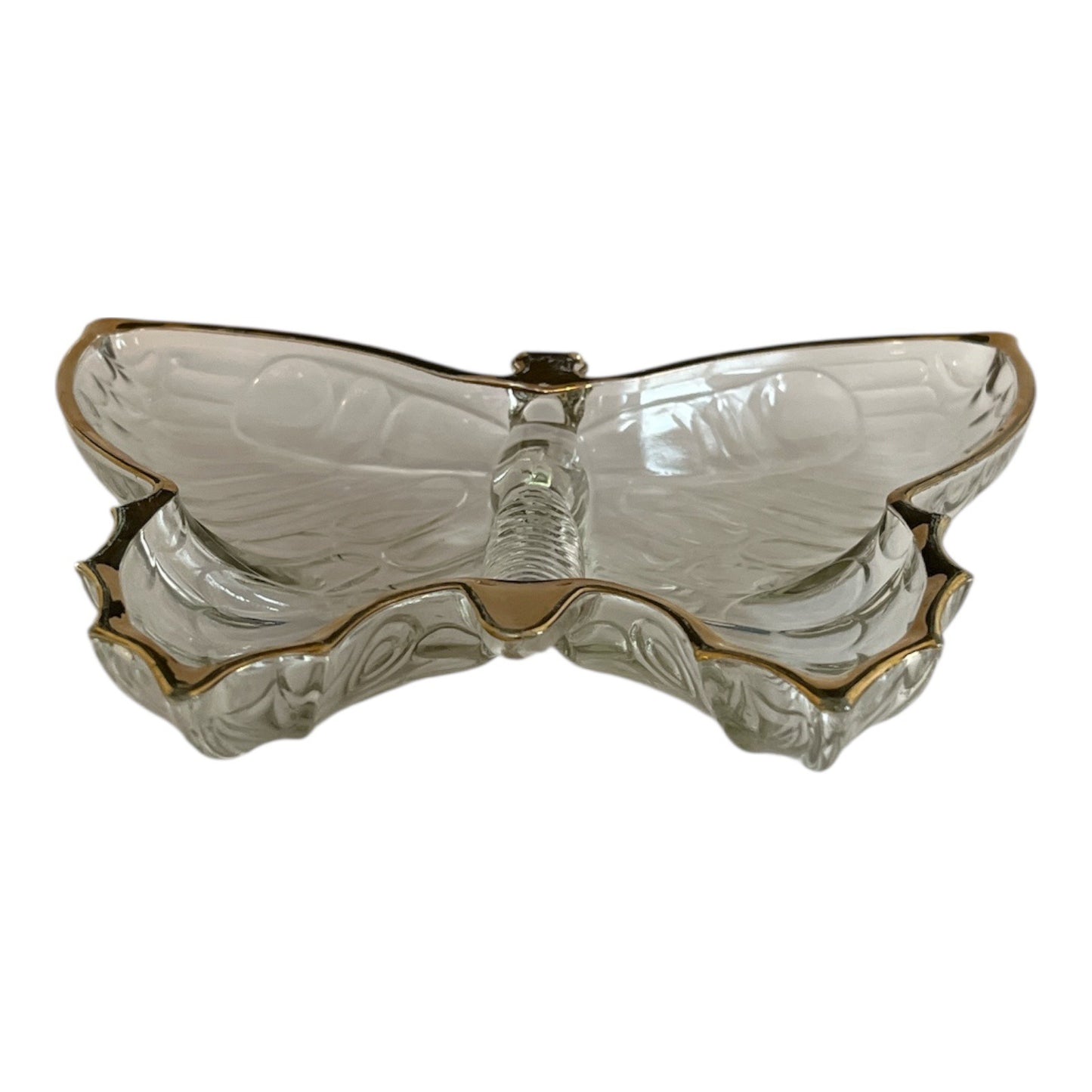 Vintage Clear Glass Butterfly Dish with Gold Trim – Mid-Century Style – 8" x 7"